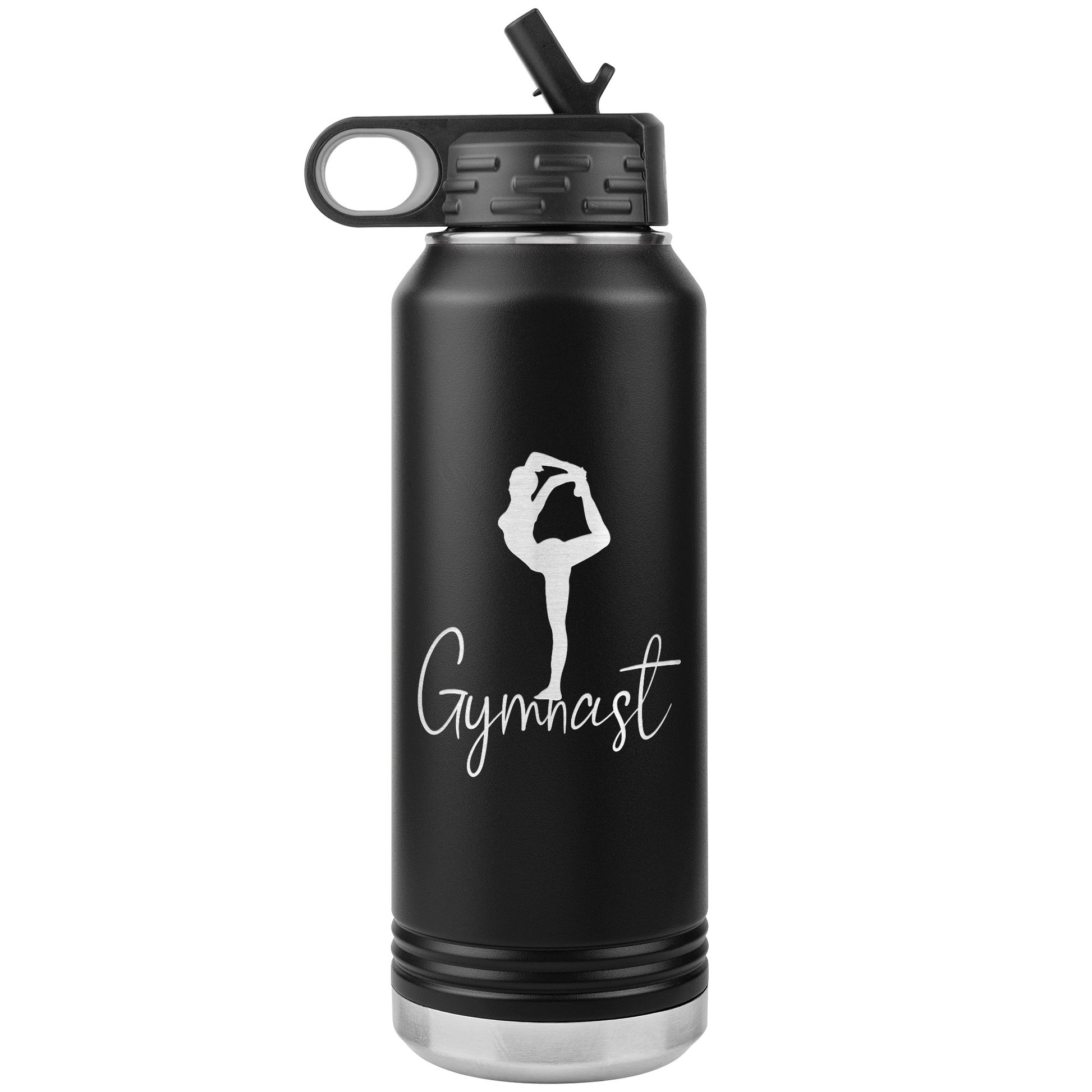 Elegant Gymnast Stainless Steel Water Bottle in black. It says "Gymnast" with the image of a graceful and elegant gymnast above.