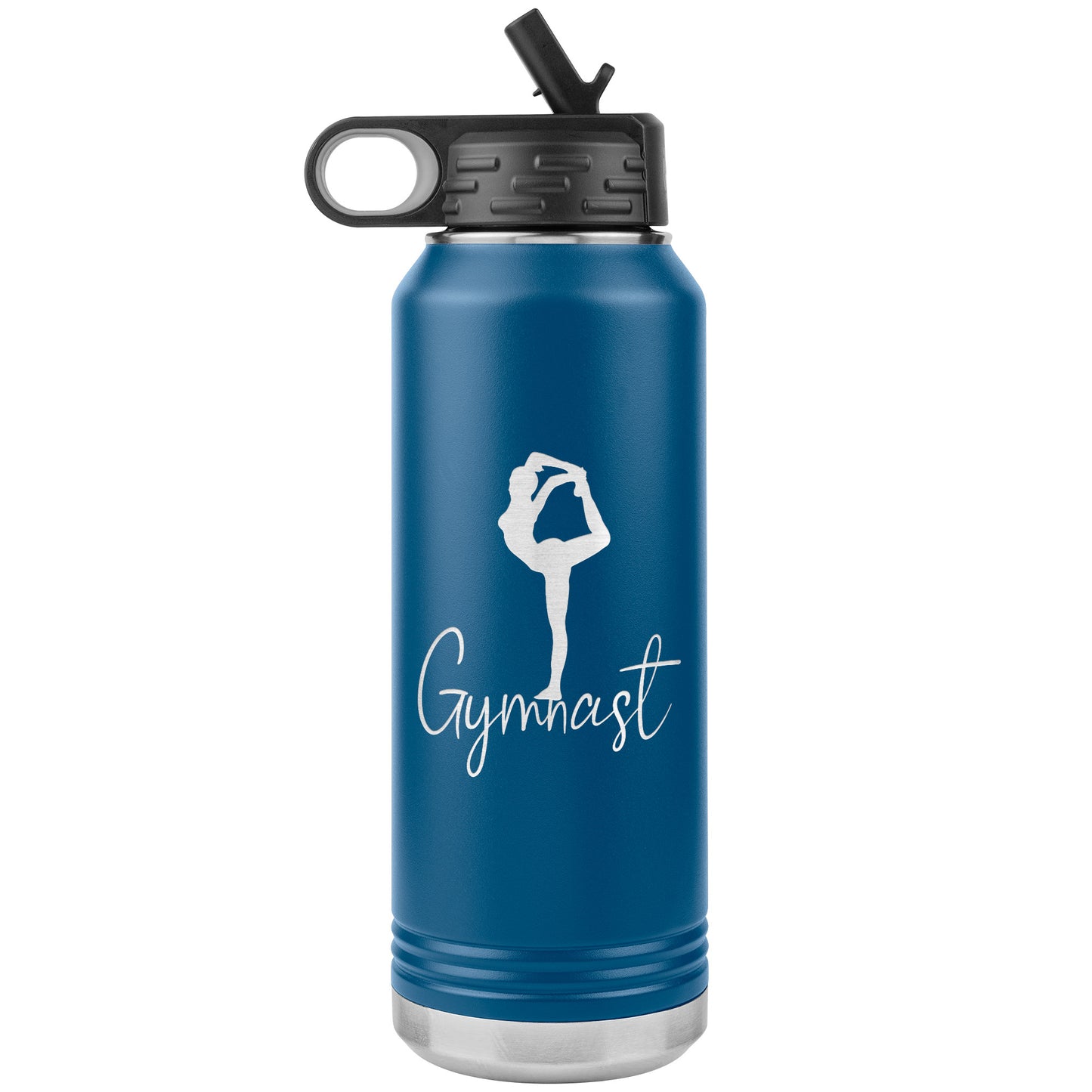 Elegant Gymnast Stainless Steel Water Bottle in blue. It says "Gymnast" with the image of a graceful and elegant gymnast above.