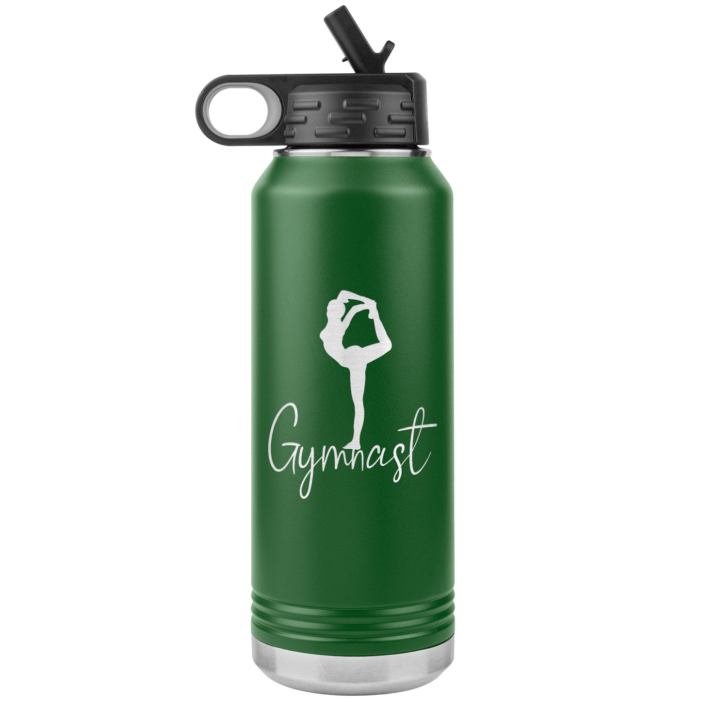 Elegant Gymnast Stainless Steel Water Bottle in green. It says "Gymnast" with the image of a graceful and elegant gymnast above.