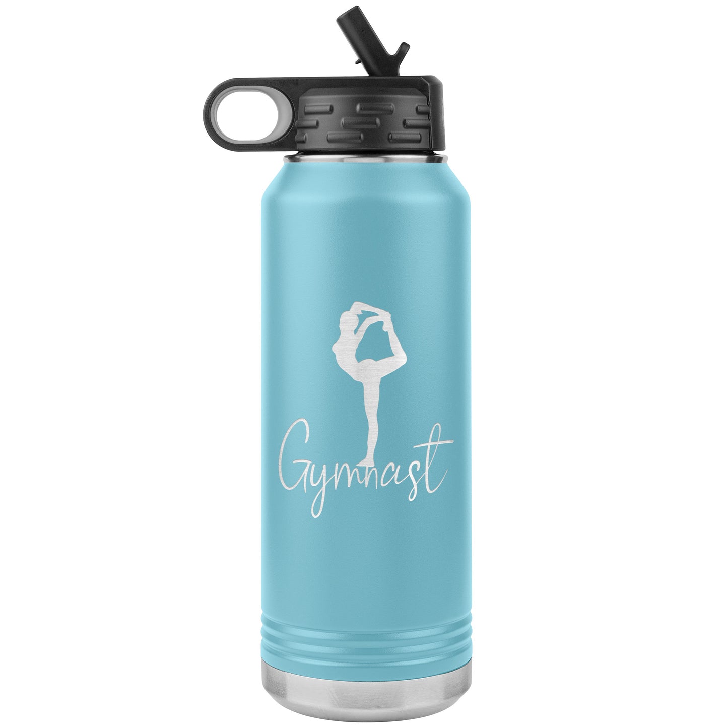 Elegant Gymnast Stainless Steel Water Bottle in light blue. It says "Gymnast" with the image of a graceful and elegant gymnast above.