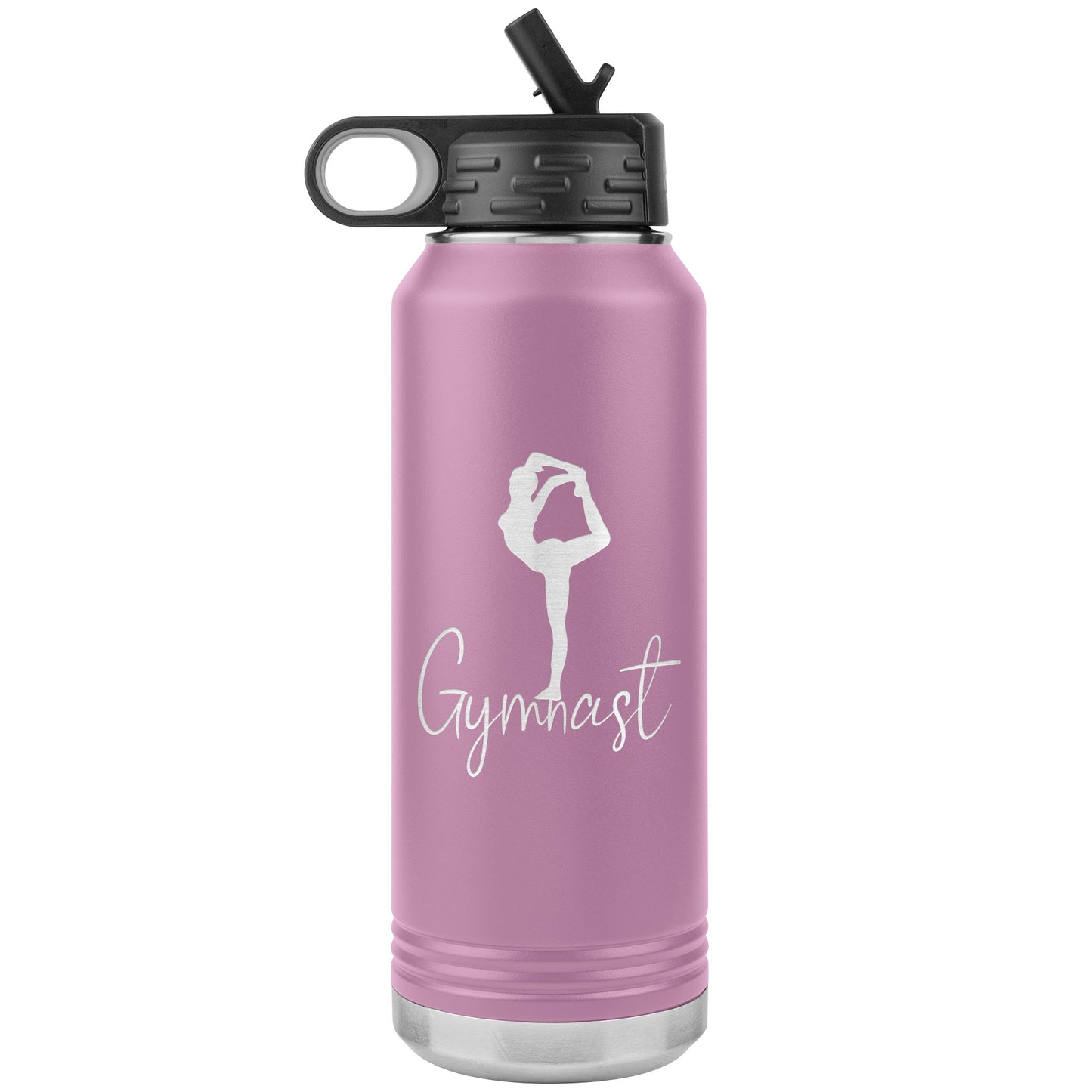 Elegant Gymnast Stainless Steel Water Bottle in light pink. It says "Gymnast" with the image of a graceful and elegant gymnast above.