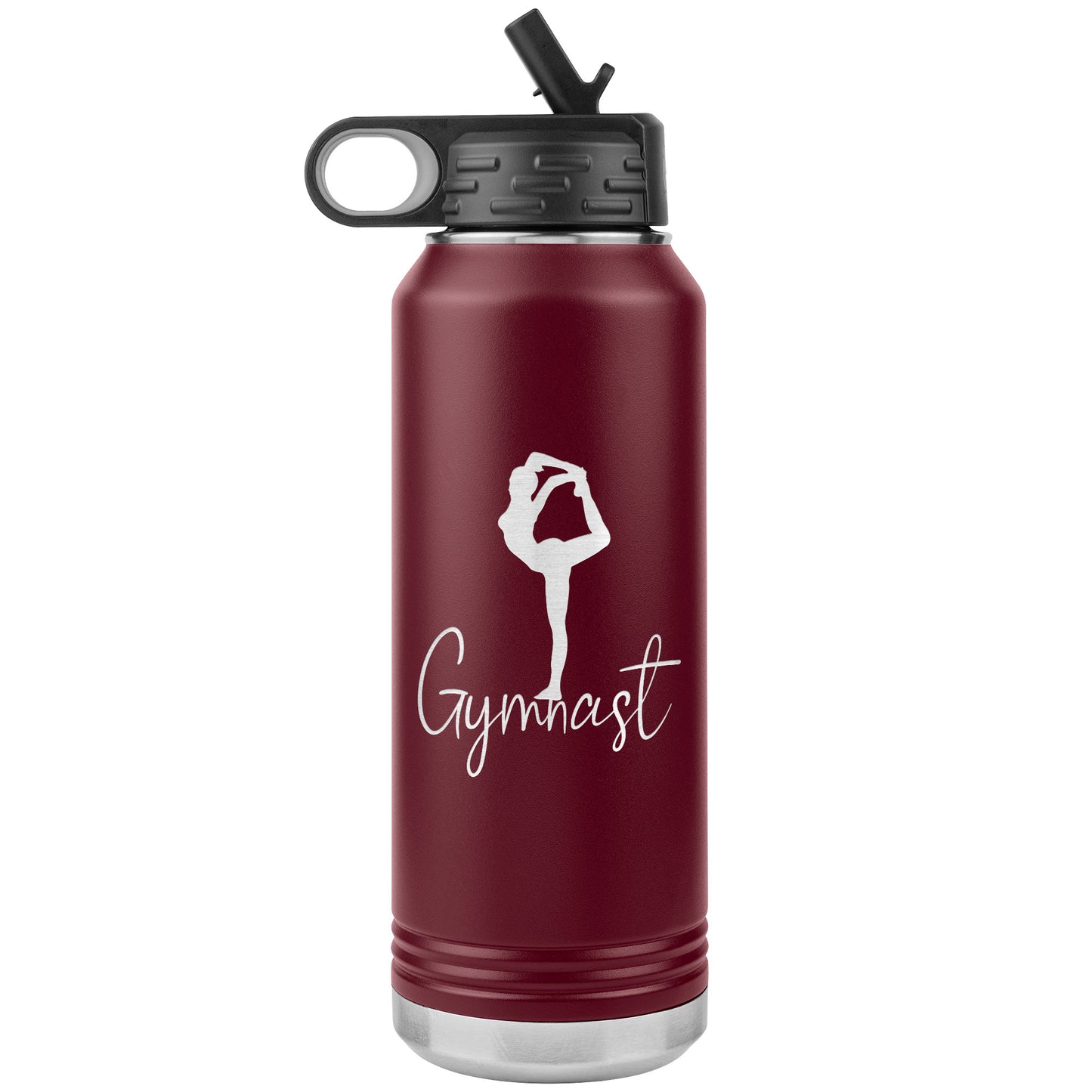 Elegant Gymnast Stainless Steel Water Bottle in maroon. It says "Gymnast" with the image of a graceful and elegant gymnast above.