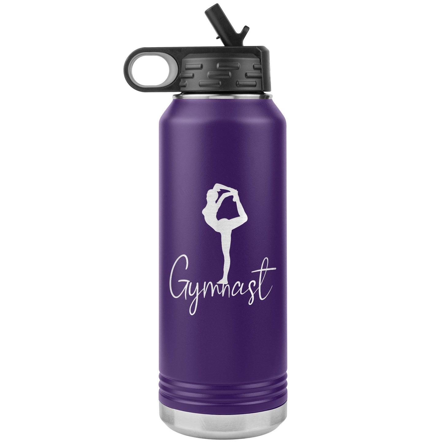 Elegant Gymnast Stainless Steel Water Bottle in purple. It says "Gymnast" with the image of a graceful and elegant gymnast above.