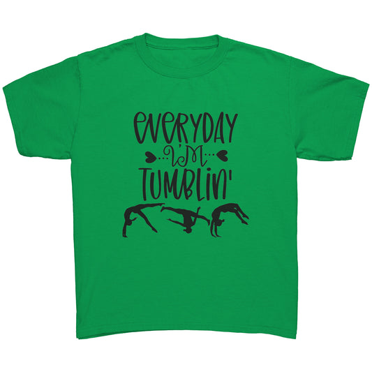 Irish Green colored Everyday I'm Tumblin' Children's T-shirt. This hoodie says "Everyday I'm Tumblin'" on the front with three tumbling gymnasts in black silhouette.