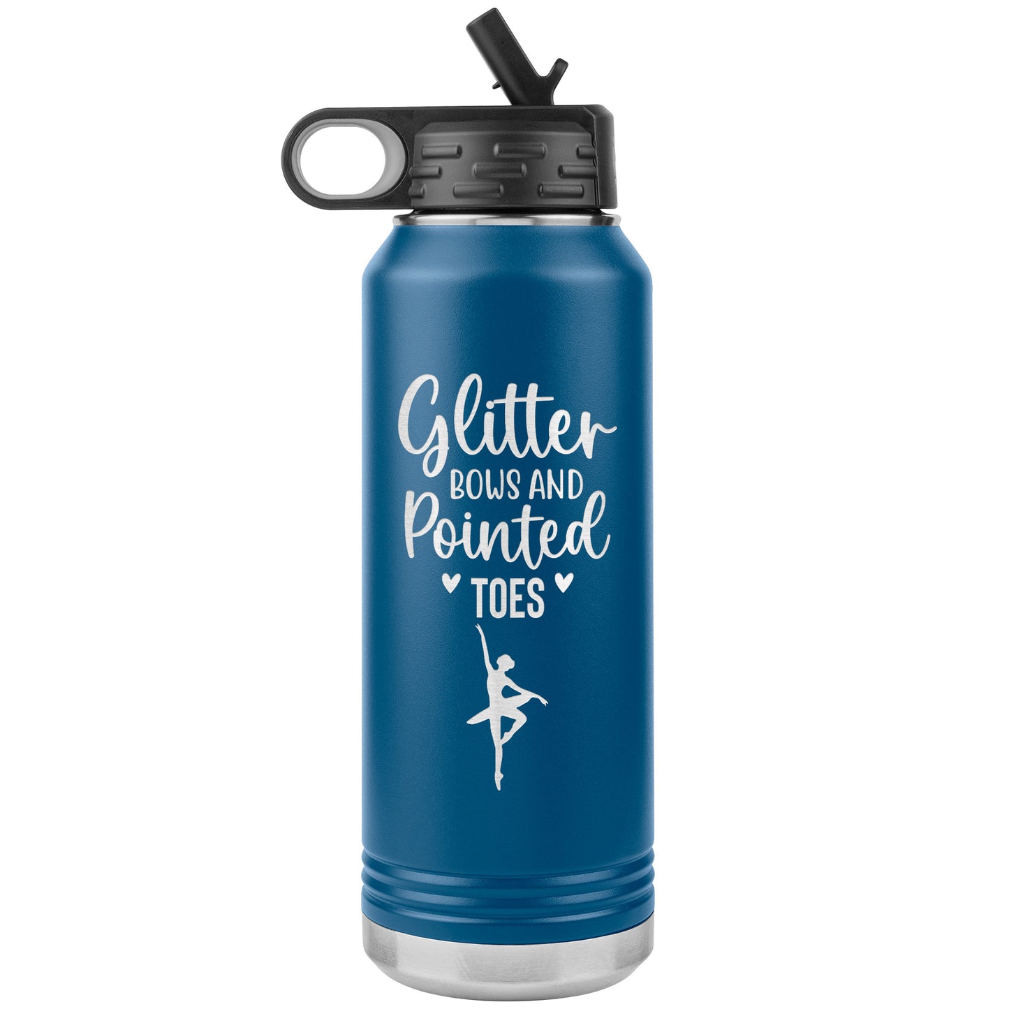 Blue Glitter Bows and Pointed Toes Ballerina Water Bottle-32oz Stainless Steel Water Bottle. Featuring the captivating phrase "Glitter Bows and Pointed Toes" accompanied by an elegant ballerina image