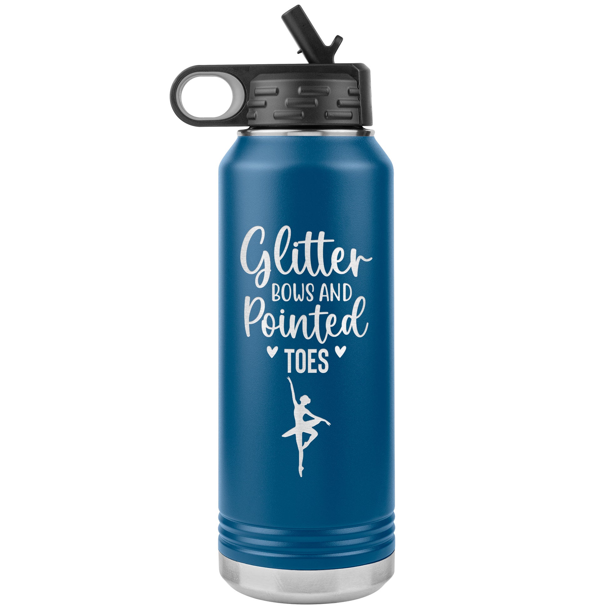 Blue Glitter Bows and Pointed Toes Ballerina Water Bottle-32oz Stainless Steel Water Bottle. Featuring the captivating phrase "Glitter Bows and Pointed Toes" accompanied by an elegant ballerina image