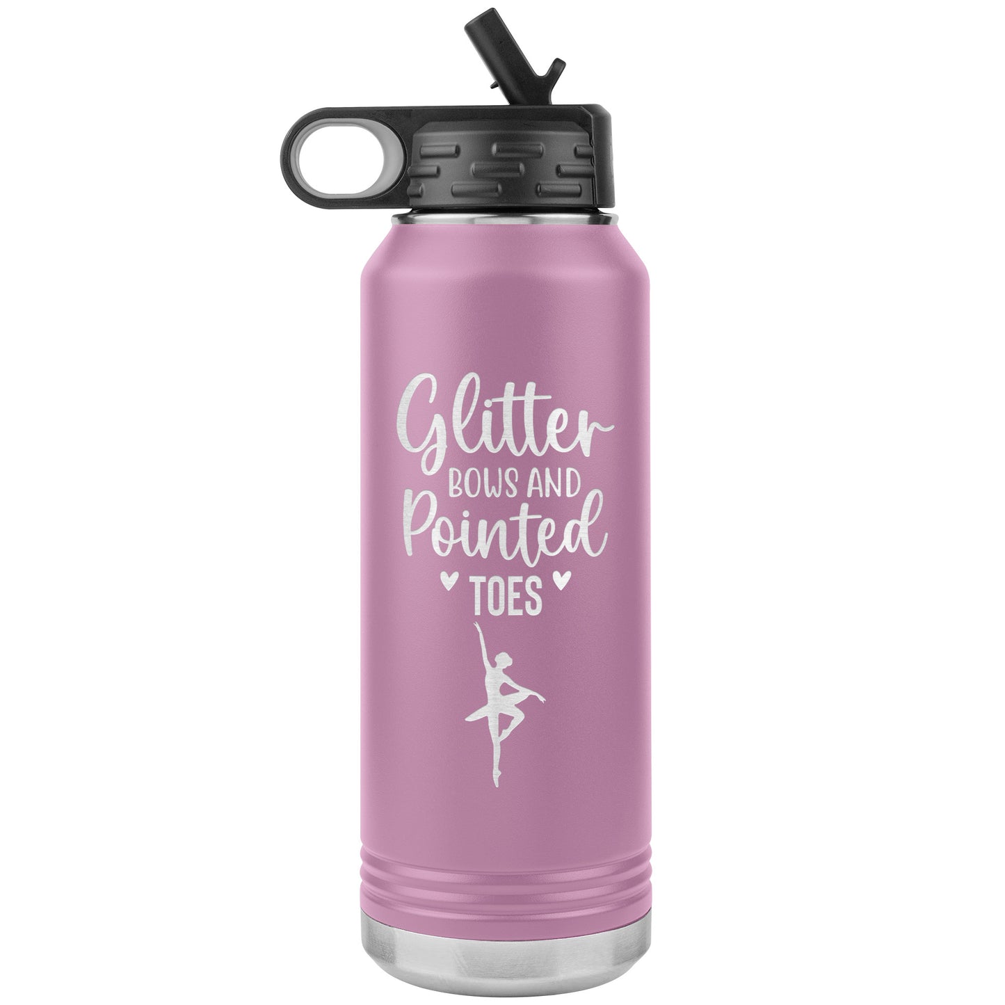 Light Purple Glitter Bows and Pointed Toes Ballerina Water Bottle-32oz Stainless Steel Water Bottle. Featuring the captivating phrase "Glitter Bows and Pointed Toes" accompanied by an elegant ballerina image