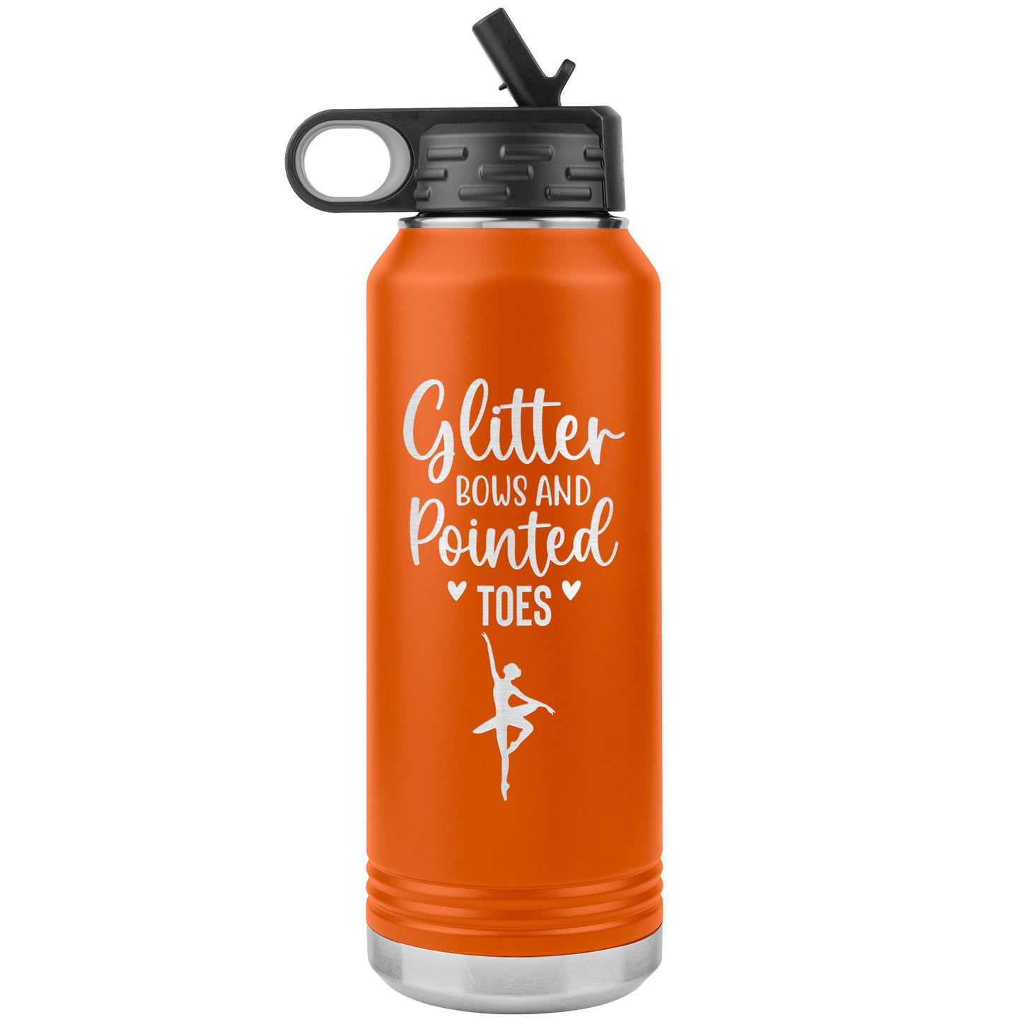 Orange Glitter Bows and Pointed Toes Ballerina Water Bottle-32oz Stainless Steel Water Bottle. Featuring the captivating phrase "Glitter Bows and Pointed Toes" accompanied by an elegant ballerina image