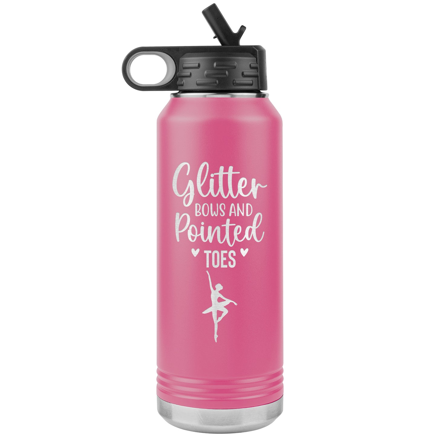 Pink Glitter Bows and Pointed Toes Ballerina Water Bottle-32oz Stainless Steel Water Bottle. Featuring the captivating phrase "Glitter Bows and Pointed Toes" accompanied by an elegant ballerina image