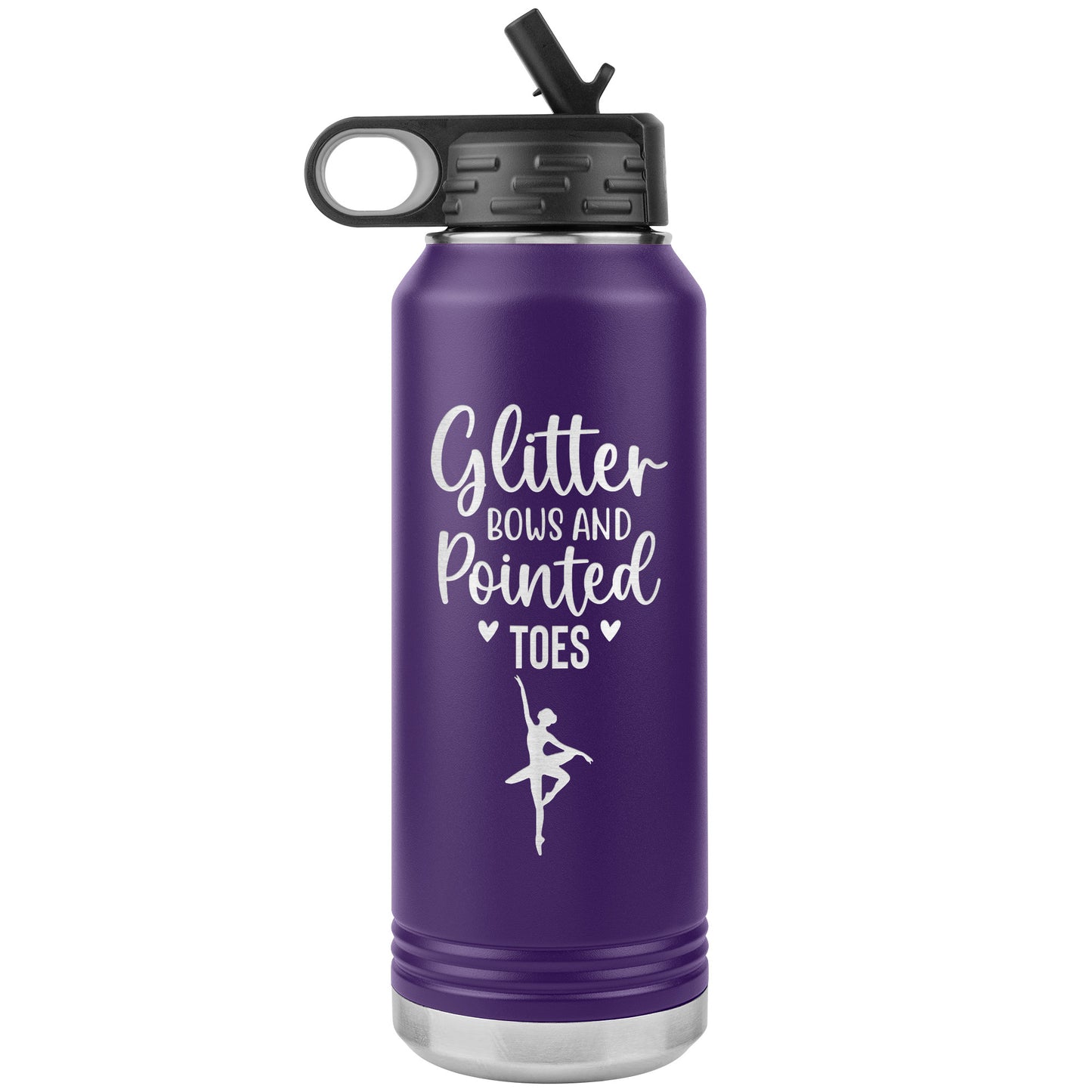 Purple Glitter Bows and Pointed Toes Ballerina Water Bottle-32oz Stainless Steel Water Bottle. Featuring the captivating phrase "Glitter Bows and Pointed Toes" accompanied by an elegant ballerina image