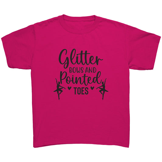 Fuchsia Glitter Bows and Pointed Toes children's dance t-shirt. This t-shirt says "Glitter Bows and Pointed Toes" in black text on the front and features two dancing ballerinas also in black.