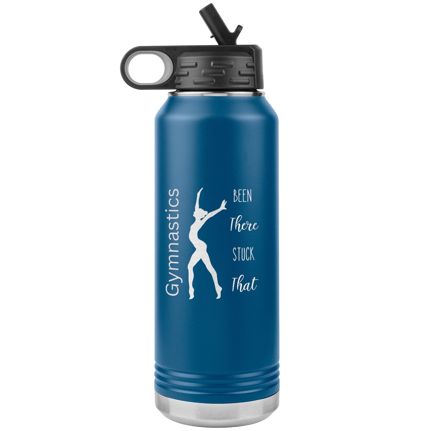 Blue Gymnastics Been There Stuck That 2oz Stainless Steel Water Bottle, with the empowering message "Gymnastics: Been There, Stuck That" alongside a captivating image of a skilled female gymnast