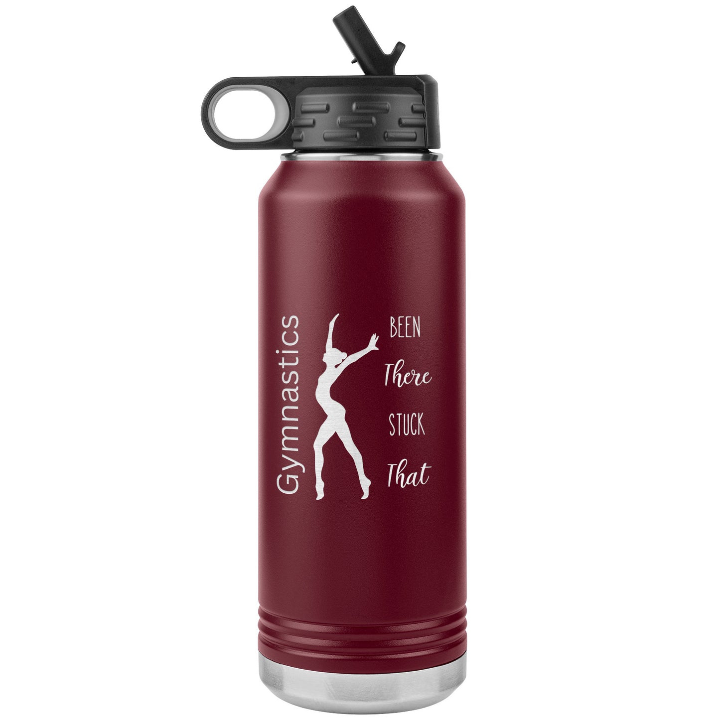 Maroon Gymnastics Been There Stuck That 2oz Stainless Steel Water Bottle, with the empowering message "Gymnastics: Been There, Stuck That" alongside a captivating image of a skilled female gymnast