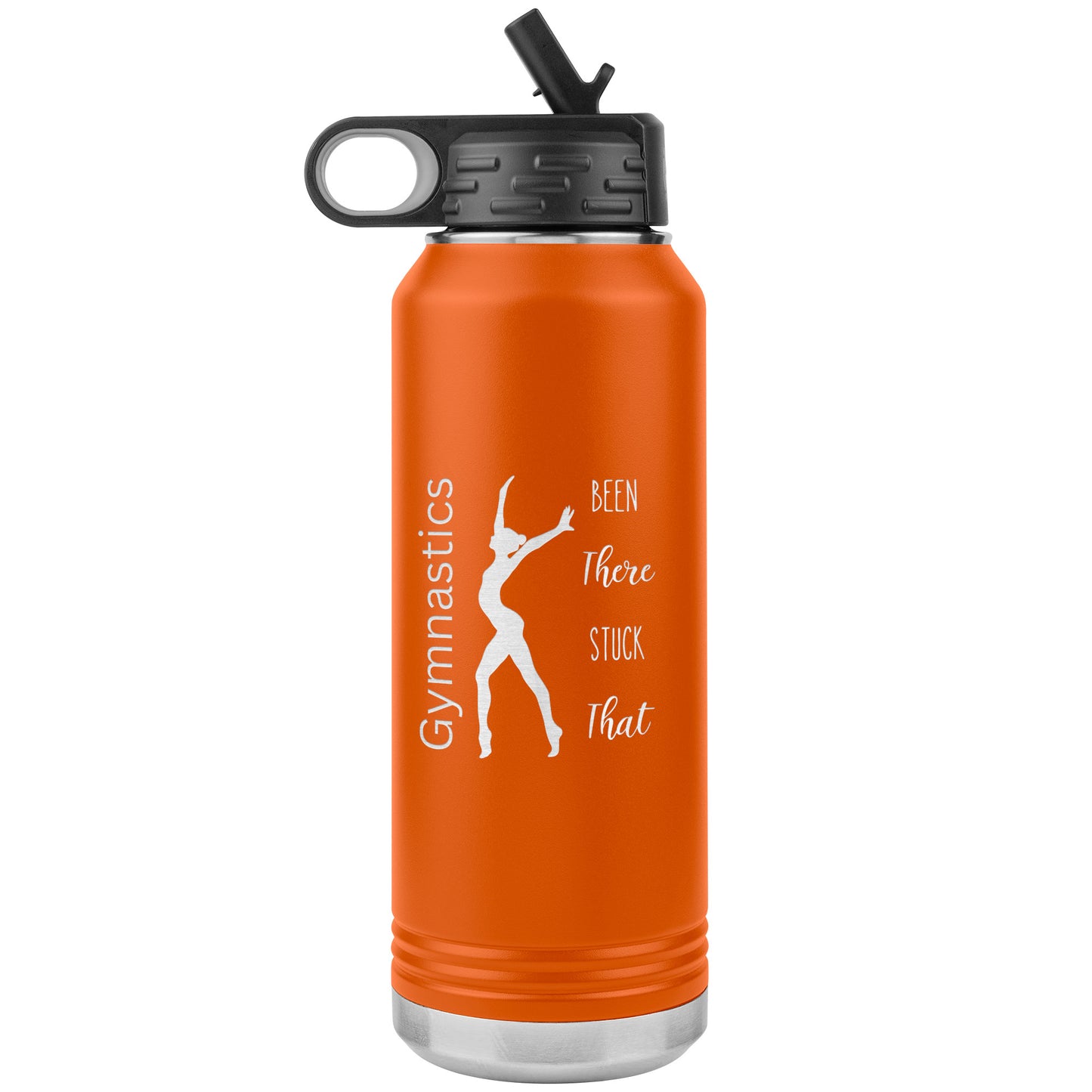 Orange Gymnastics Been There Stuck That 2oz Stainless Steel Water Bottle, with the empowering message "Gymnastics: Been There, Stuck That" alongside a captivating image of a skilled female gymnast