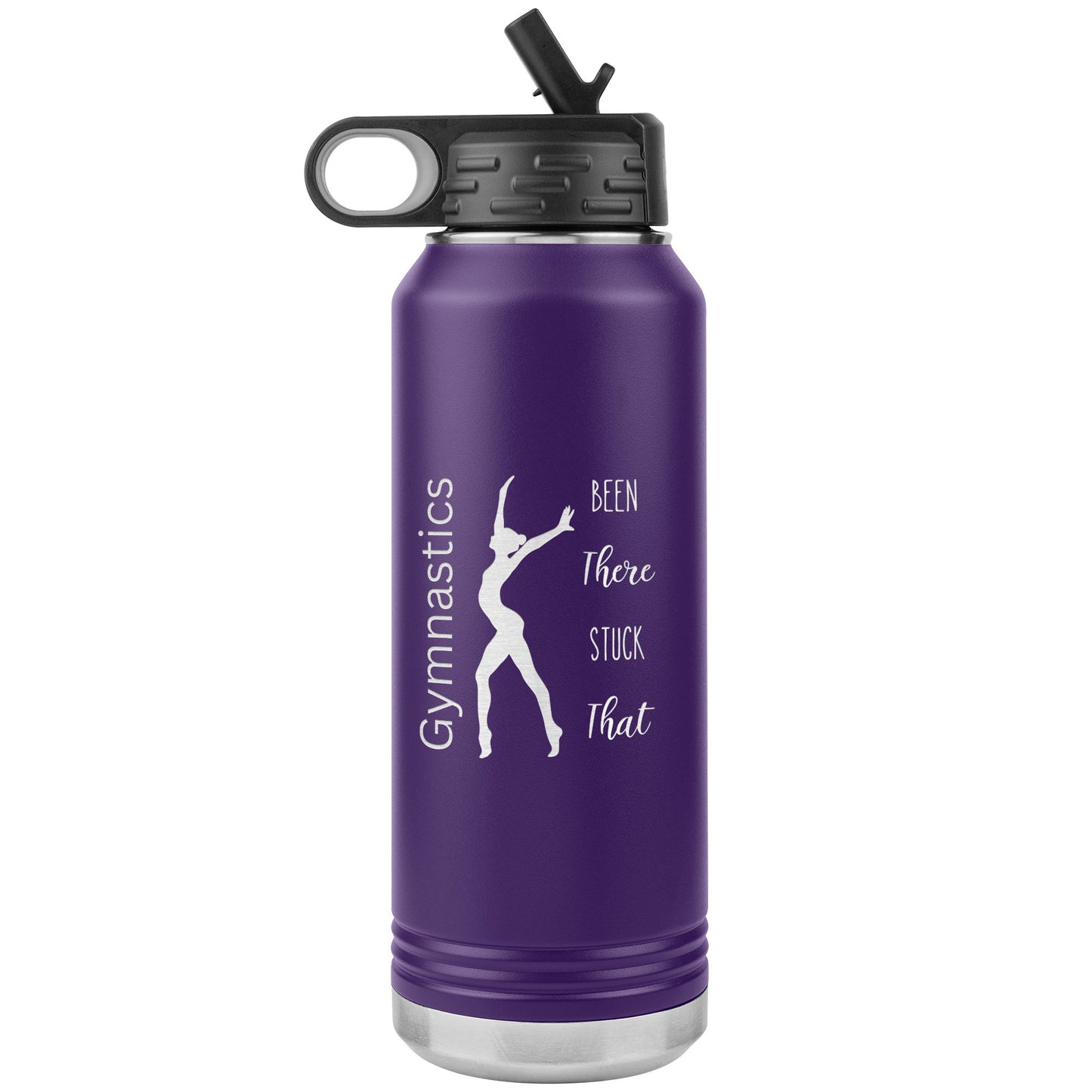 Purple Gymnastics Been There Stuck That 2oz Stainless Steel Water Bottle, with the empowering message "Gymnastics: Been There, Stuck That" alongside a captivating image of a skilled female gymnast