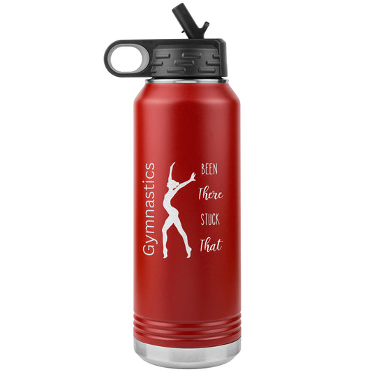 Red Gymnastics Been There Stuck That 2oz Stainless Steel Water Bottle, with the empowering message "Gymnastics: Been There, Stuck That" alongside a captivating image of a skilled female gymnast
