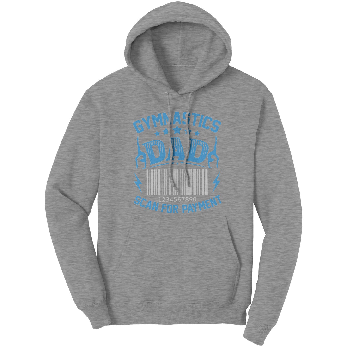 Athletic Heather Gymnastics Dad Scan for Payment Men's Hoodie featuring the phrase "Gymnastics Dad, Scan for Payment" talented gymnasts and a barcode graphic.