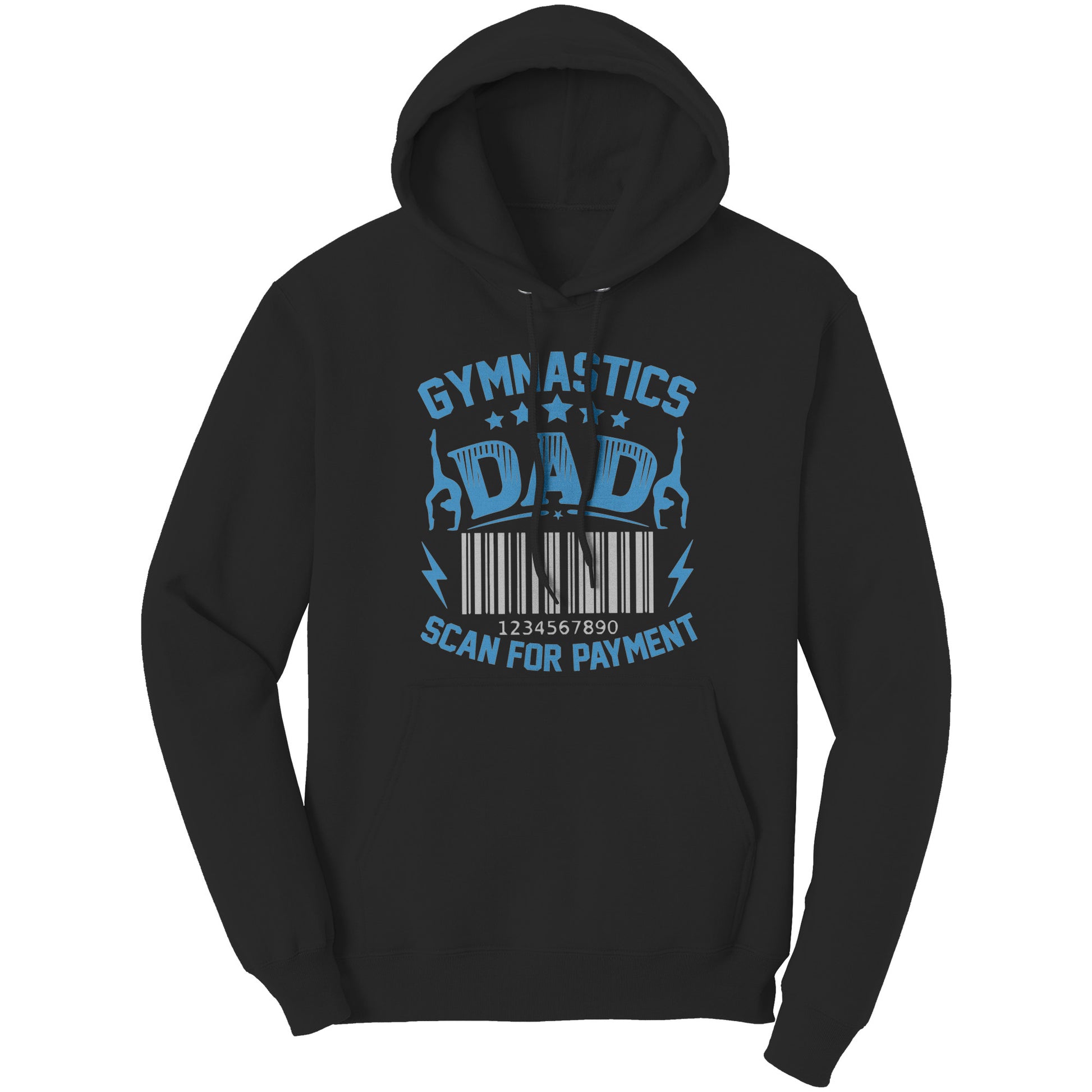 Black Gymnastics Dad Scan for Payment Men's Hoodie featuring the phrase "Gymnastics Dad, Scan for Payment" talented gymnasts and a barcode graphic.