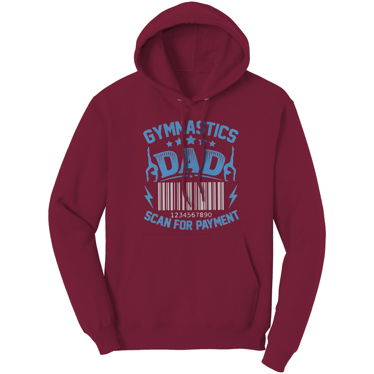Cardinal Red Gymnastics Dad Scan for Payment Men's Hoodie featuring the phrase "Gymnastics Dad, Scan for Payment" talented gymnasts and a barcode graphic.