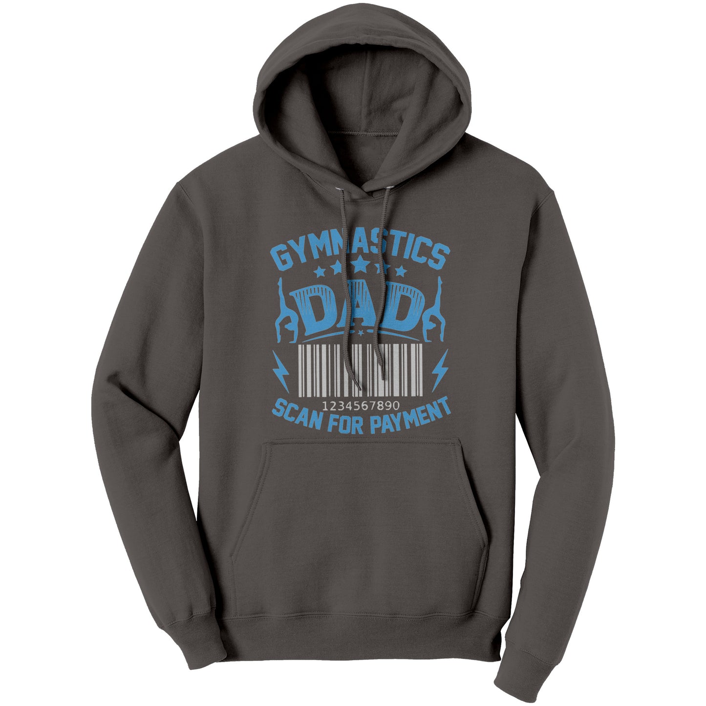 Medium Grey Gymnastics Dad Scan for Payment Men's Hoodie featuring the phrase "Gymnastics Dad, Scan for Payment" talented gymnasts and a barcode graphic.
