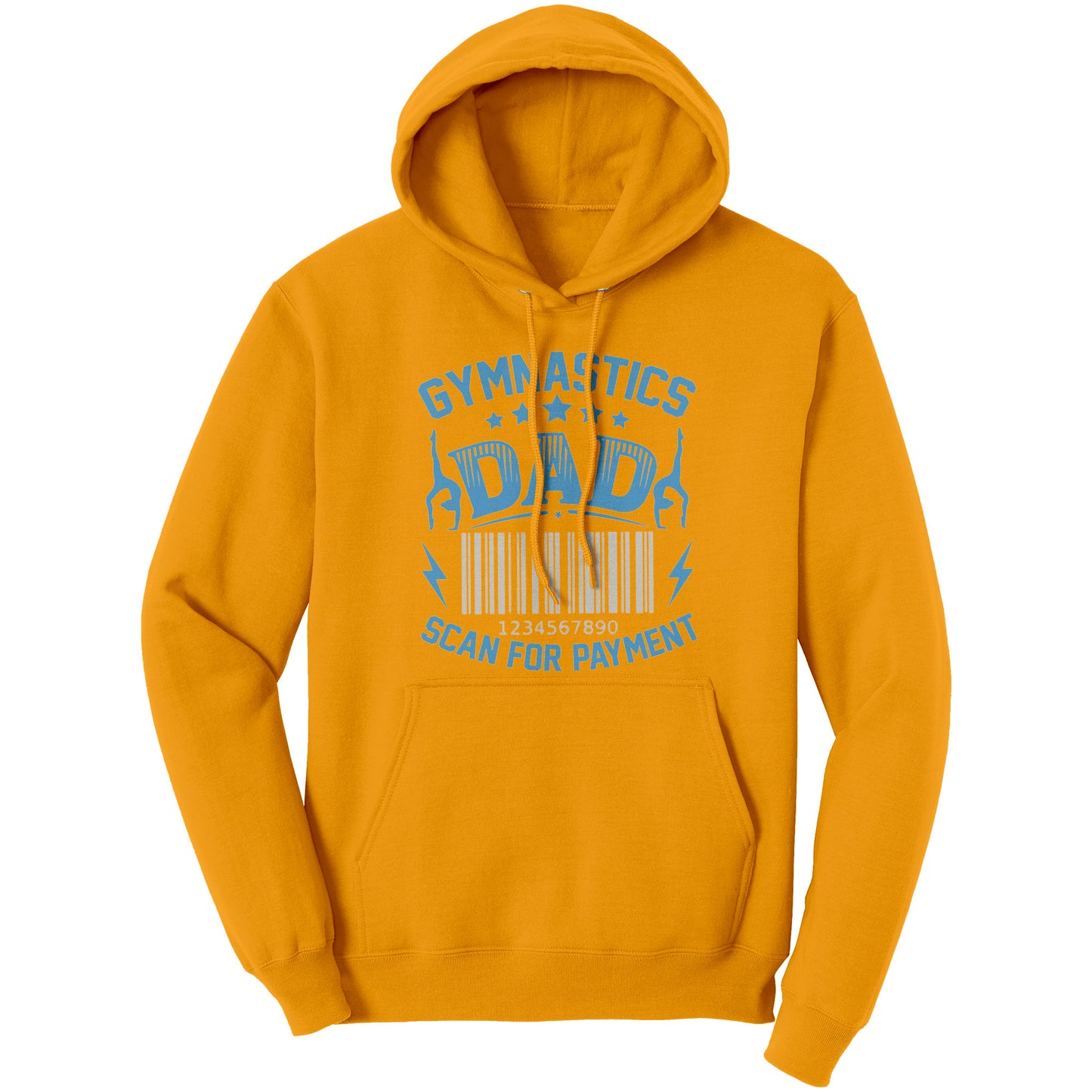 Gold  Gymnastics Dad Scan for Payment Men's Hoodie featuring the phrase "Gymnastics Dad, Scan for Payment" talented gymnasts and a barcode graphic.