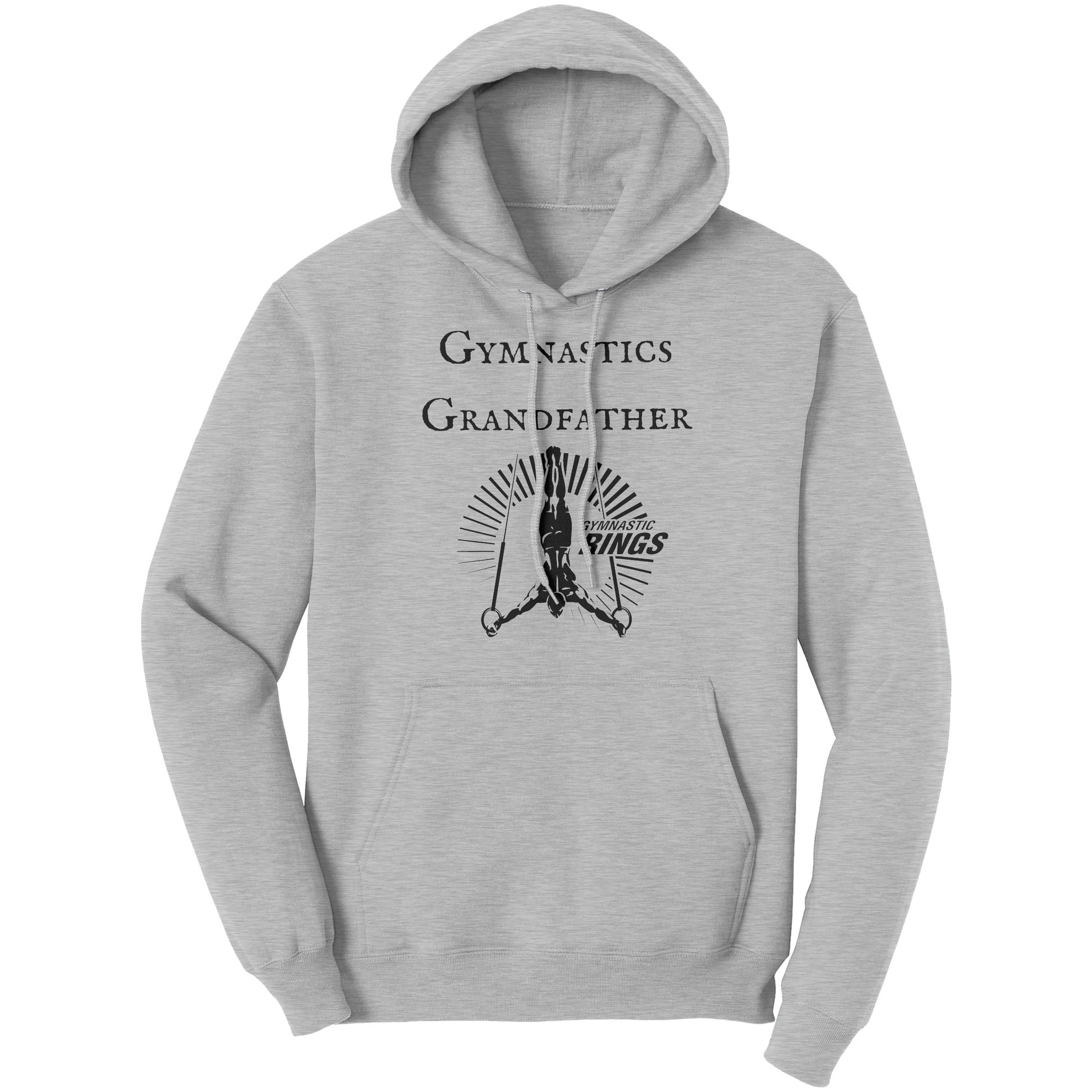 Heather Grey Colored Gymnastics Grandfather Hoodie Male Gymnast. This hoodie features a bold 'Gymnastics Grandfather' text on the front, accompanied by an inspiring image of a male gymnast on the rings.