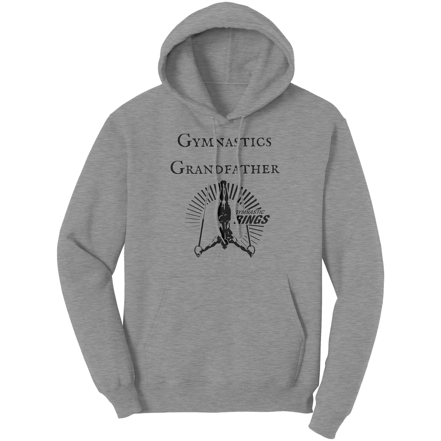 Grey Colored Gymnastics Grandfather Hoodie Male Gymnast. This hoodie features a bold 'Gymnastics Grandfather' text on the front, accompanied by an inspiring image of a male gymnast on the rings.