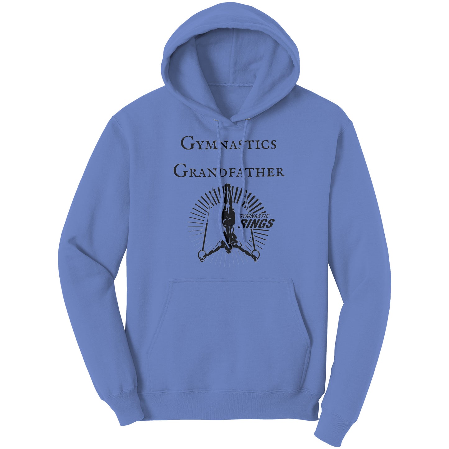 Carolina Blue Colored Gymnastics Grandfather Hoodie Male Gymnast. This hoodie features a bold 'Gymnastics Grandfather' text on the front, accompanied by an inspiring image of a male gymnast on the rings.