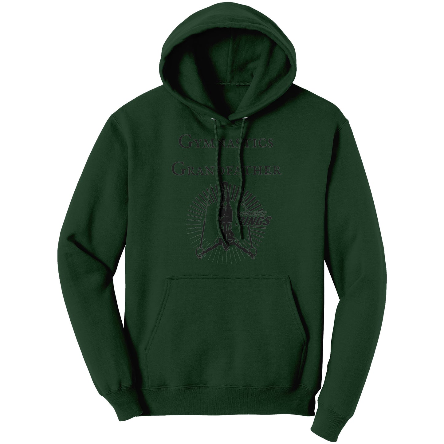 Dark Green Colored Gymnastics Grandfather Hoodie Male Gymnast. This hoodie features a bold 'Gymnastics Grandfather' text on the front, accompanied by an inspiring image of a male gymnast on the rings.