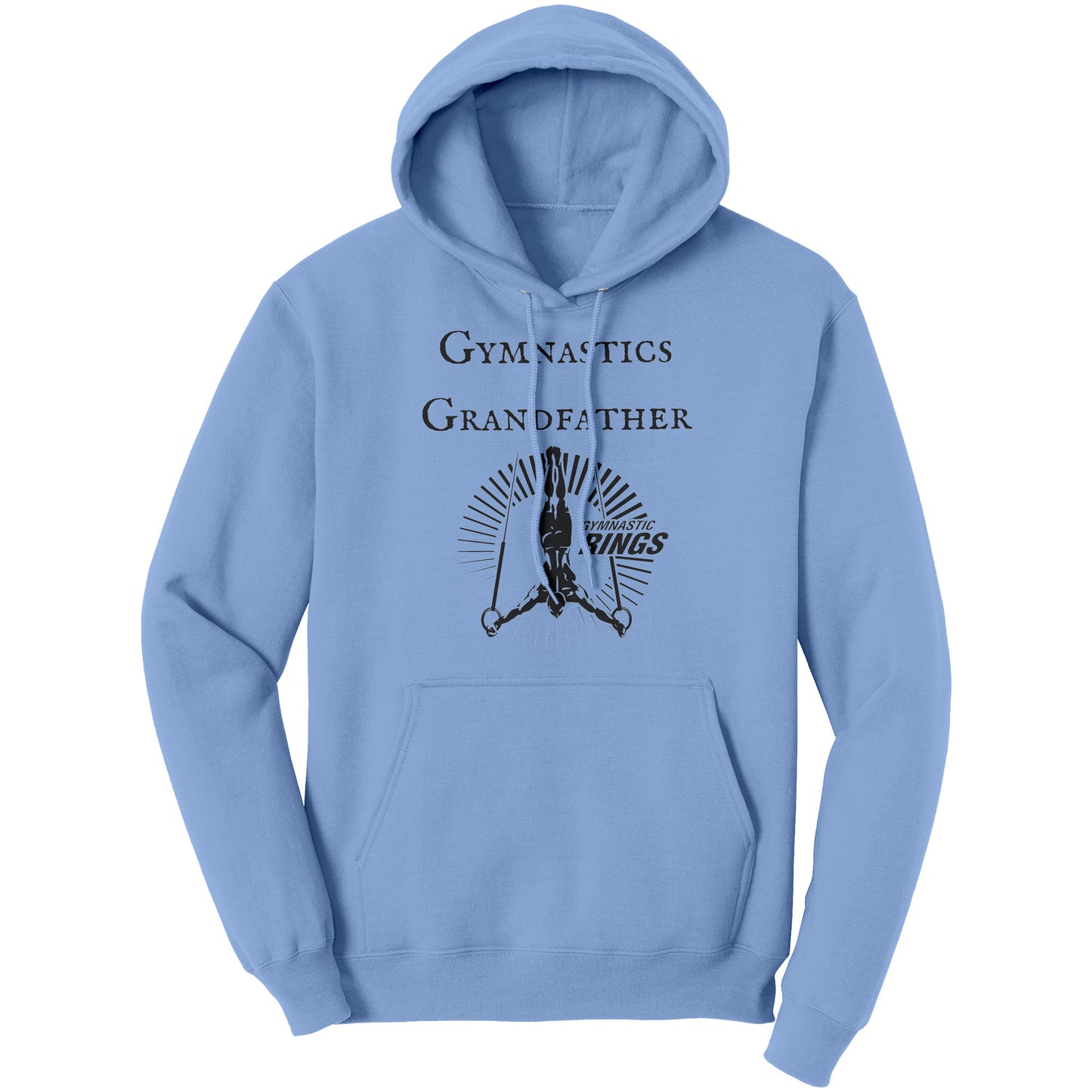 Light Blue Colored Gymnastics Grandfather Hoodie Male Gymnast. This hoodie features a bold 'Gymnastics Grandfather' text on the front, accompanied by an inspiring image of a male gymnast on the rings. 