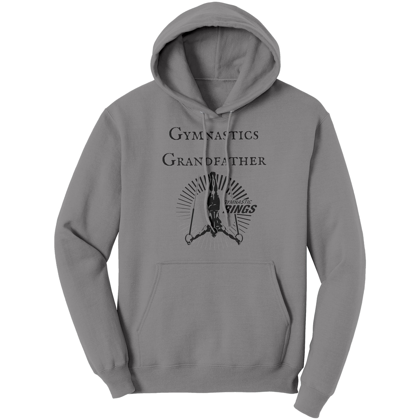 Medium Grey Colored Gymnastics Grandfather Hoodie Male Gymnast. This hoodie features a bold 'Gymnastics Grandfather' text on the front, accompanied by an inspiring image of a male gymnast on the rings.