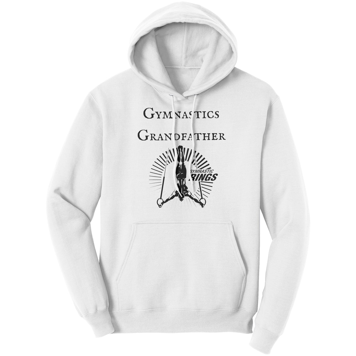 White Colored Gymnastics Grandfather Hoodie Male Gymnast. This hoodie features a bold 'Gymnastics Grandfather' text on the front, accompanied by an inspiring image of a male gymnast on the rings.