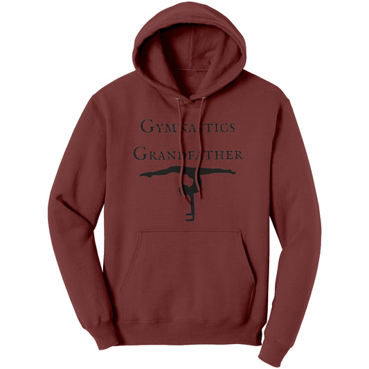 Maroon Gymnastics Grandfather hoodie that features a bold 'Gymnastics Grandfather' text on the front, accompanied by an inspiring image of a female gymnast. 