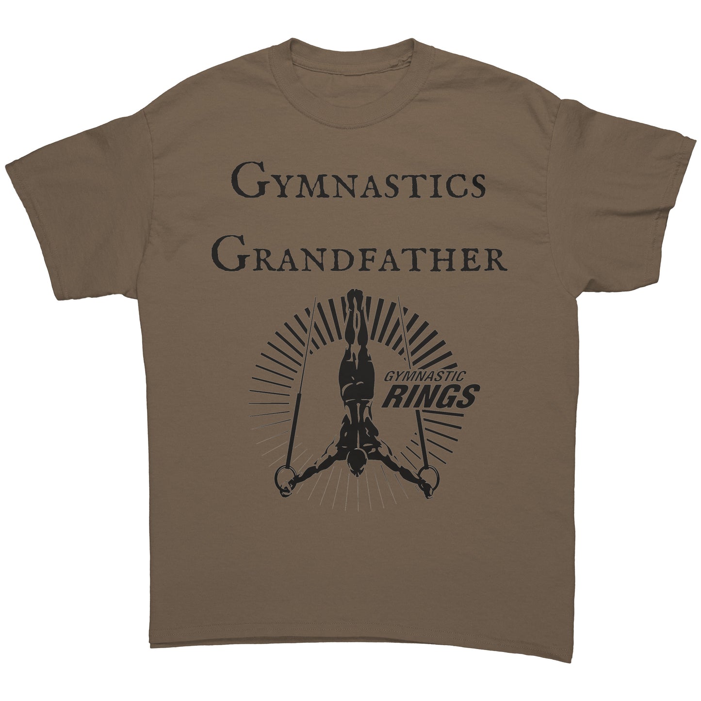Brown Savana Colored Gymnastics Grandfather T-Shirt Male Gymnast. This t-shirt features a bold "Gymnastics Grandfather" text on the front, accompanied by an inspiring image of a male gymnast on the rings.