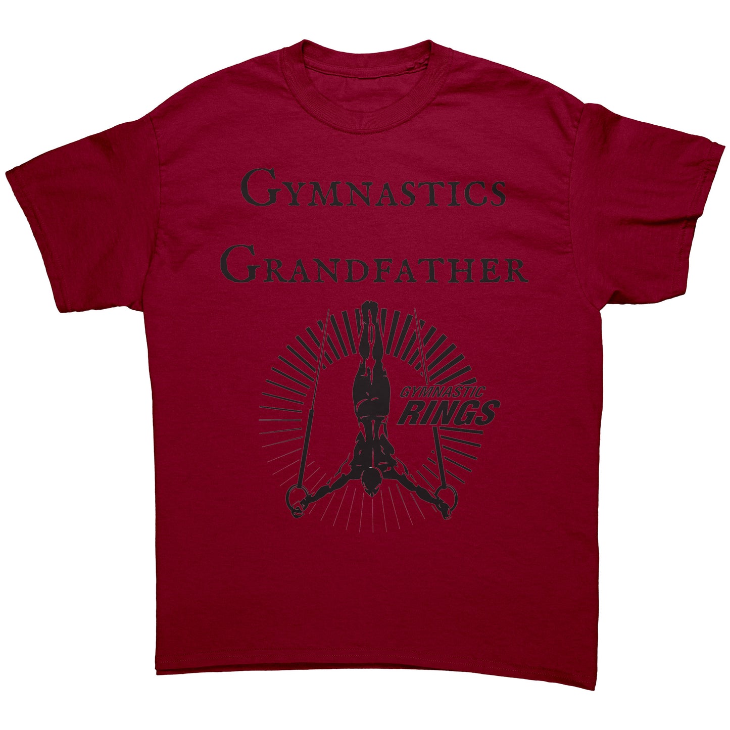 Cardinal Red Colored Gymnastics Grandfather T-Shirt Male Gymnast. This t-shirt features a bold "Gymnastics Grandfather" text on the front, accompanied by an inspiring image of a male gymnast on the rings.