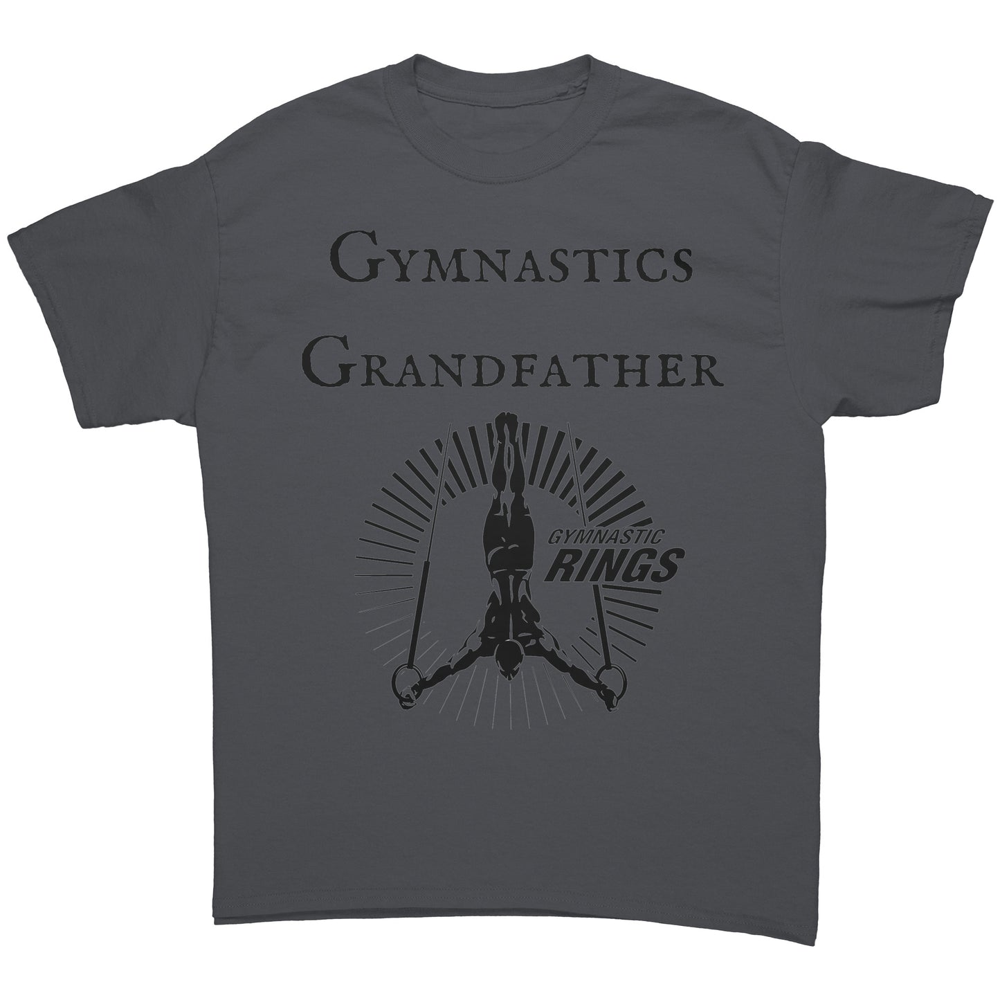 Charcoal Colored Gymnastics Grandfather T-Shirt Male Gymnast. This t-shirt features a bold "Gymnastics Grandfather" text on the front, accompanied by an inspiring image of a male gymnast on the rings.