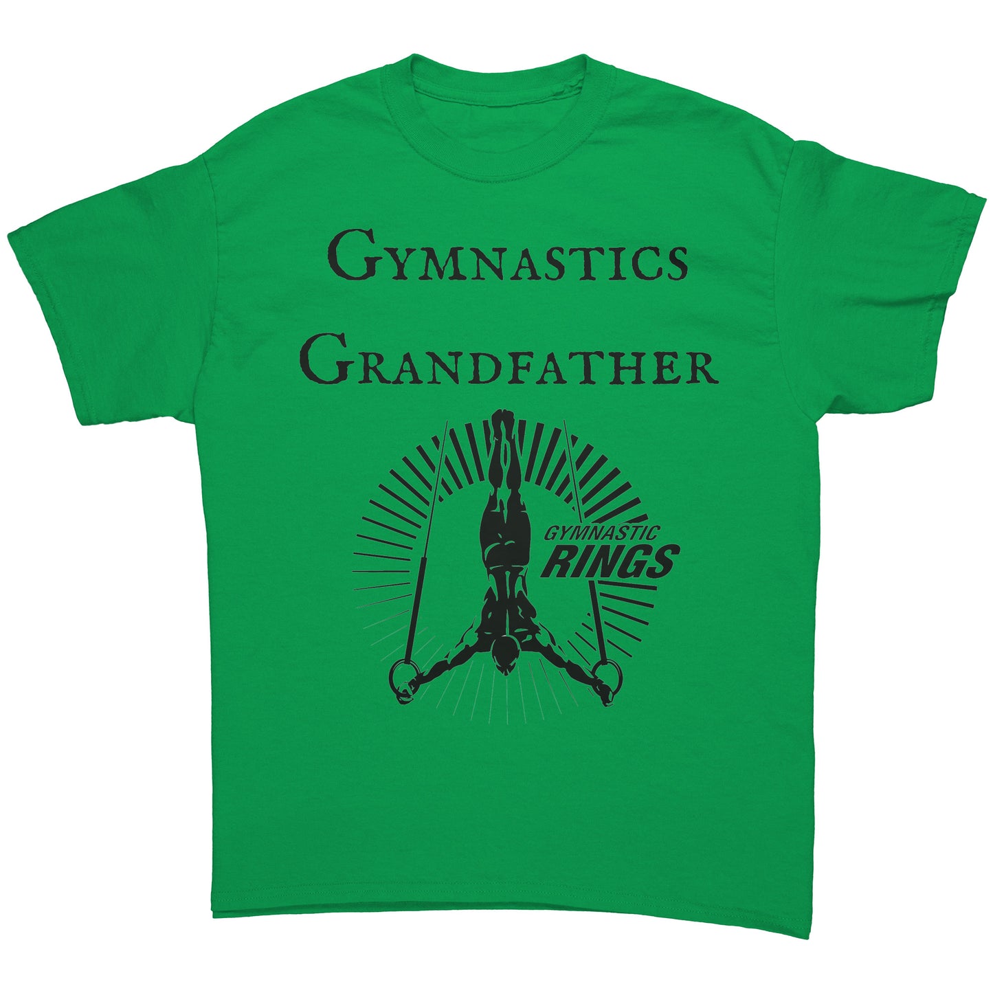 Irish Green Colored Gymnastics Grandfather T-Shirt Male Gymnast. This t-shirt features a bold "Gymnastics Grandfather" text on the front, accompanied by an inspiring image of a male gymnast on the rings. 