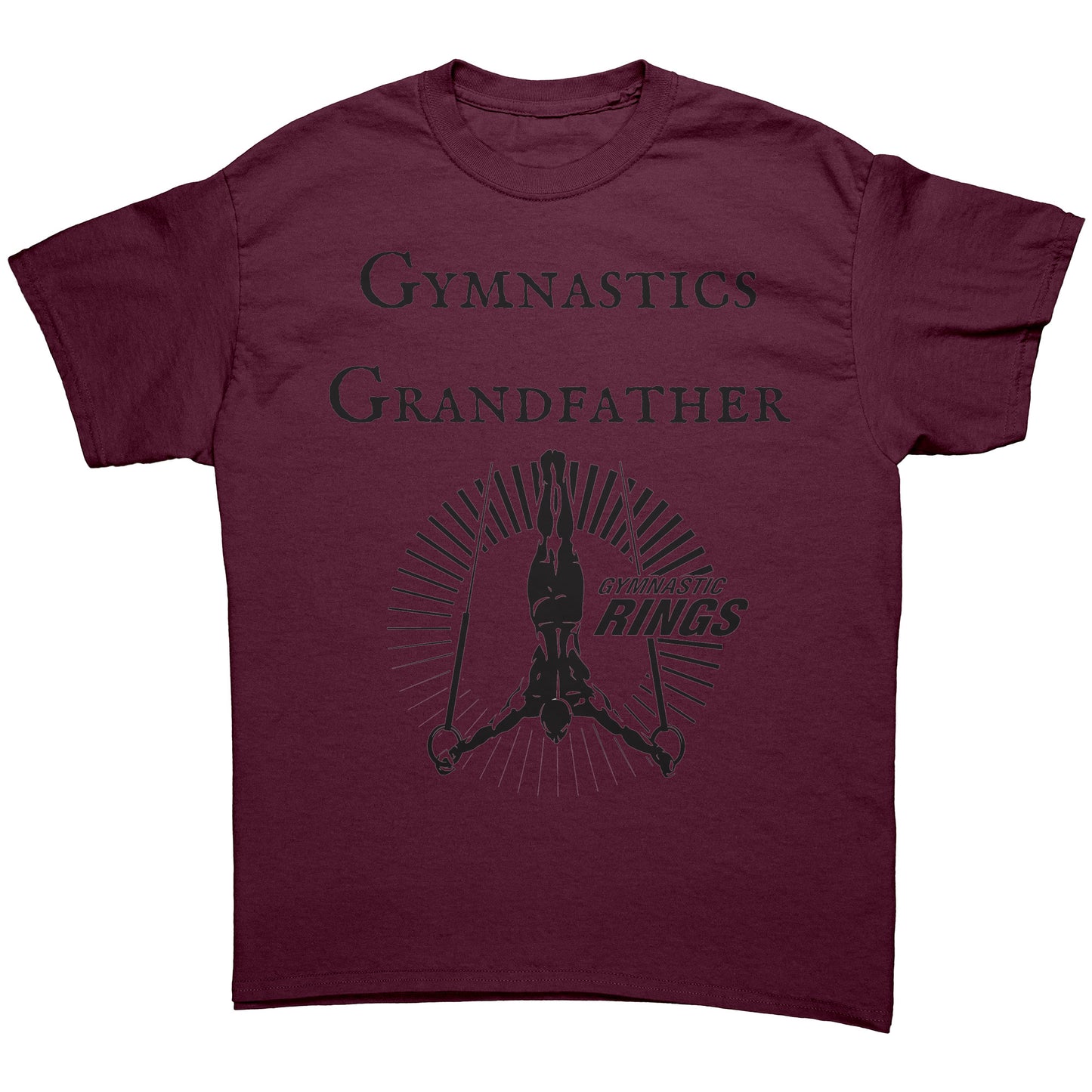 Maroon Colored Gymnastics Grandfather T-Shirt Male Gymnast. This t-shirt features a bold "Gymnastics Grandfather" text on the front, accompanied by an inspiring image of a male gymnast on the rings.