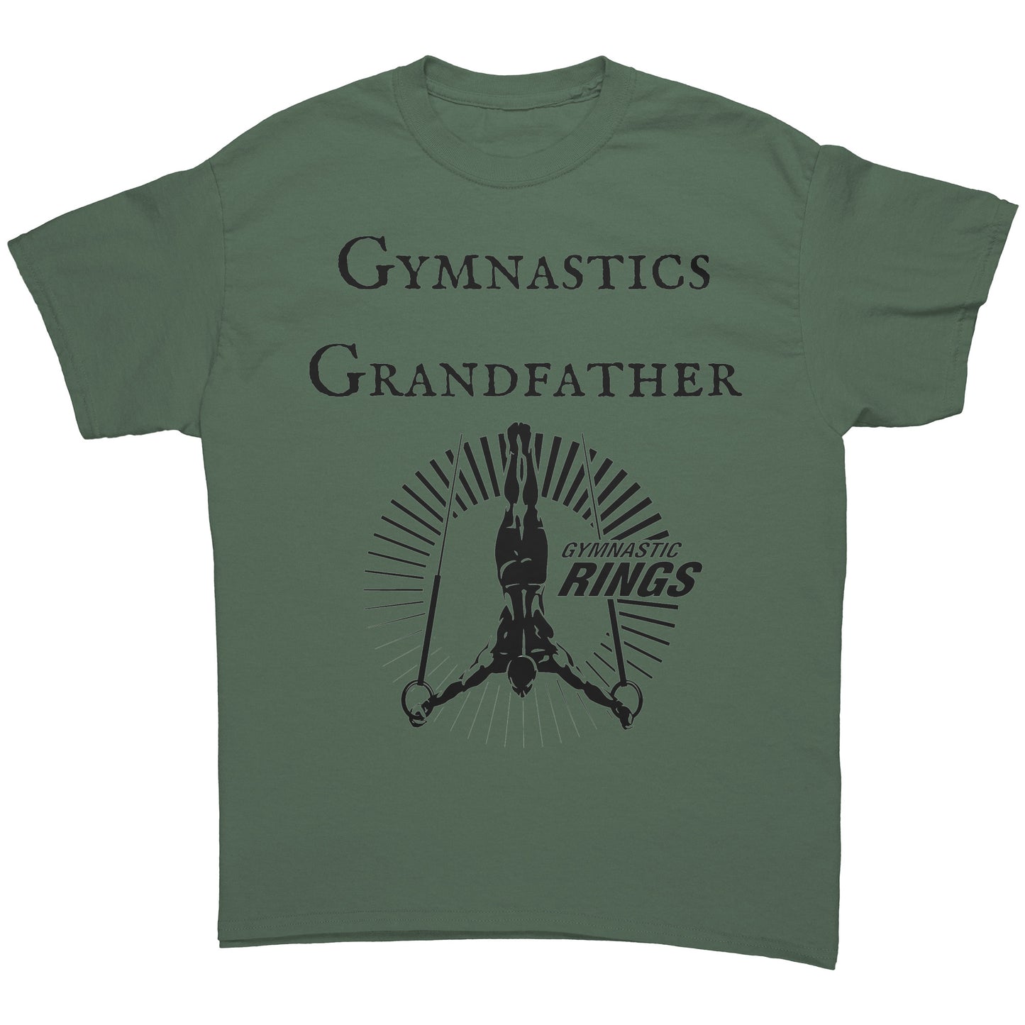 Military Green Colored Gymnastics Grandfather T-Shirt Male Gymnast. This t-shirt features a bold "Gymnastics Grandfather" text on the front, accompanied by an inspiring image of a male gymnast on the rings. 