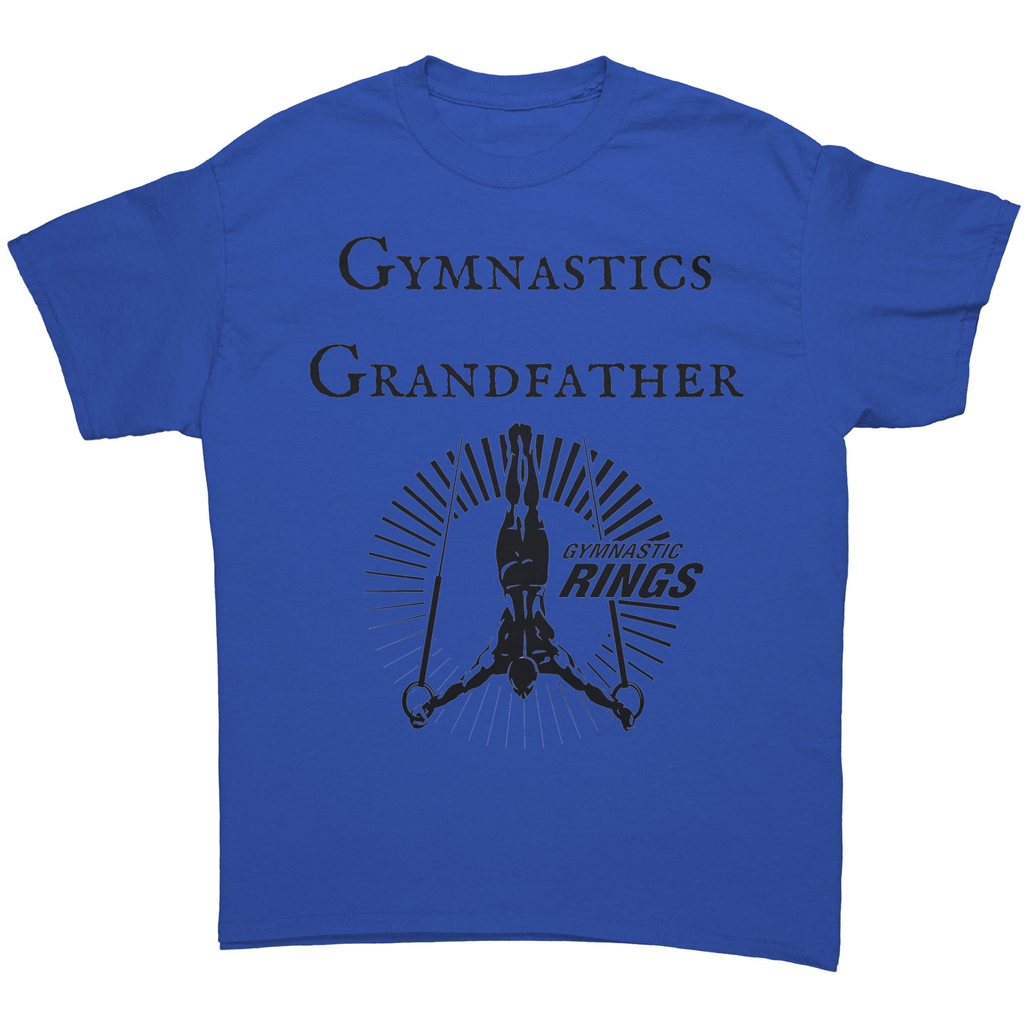 Royal Colored Gymnastics Grandfather T-Shirt Male Gymnast. This t-shirt features a bold "Gymnastics Grandfather" text on the front, accompanied by an inspiring image of a male gymnast on the rings.