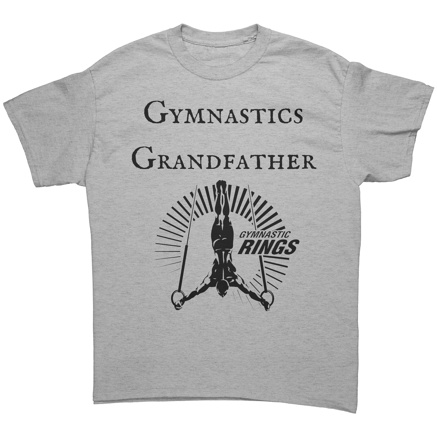 Sport Grey Colored Gymnastics Grandfather T-Shirt Male Gymnast. This t-shirt features a bold "Gymnastics Grandfather" text on the front, accompanied by an inspiring image of a male gymnast on the rings. 