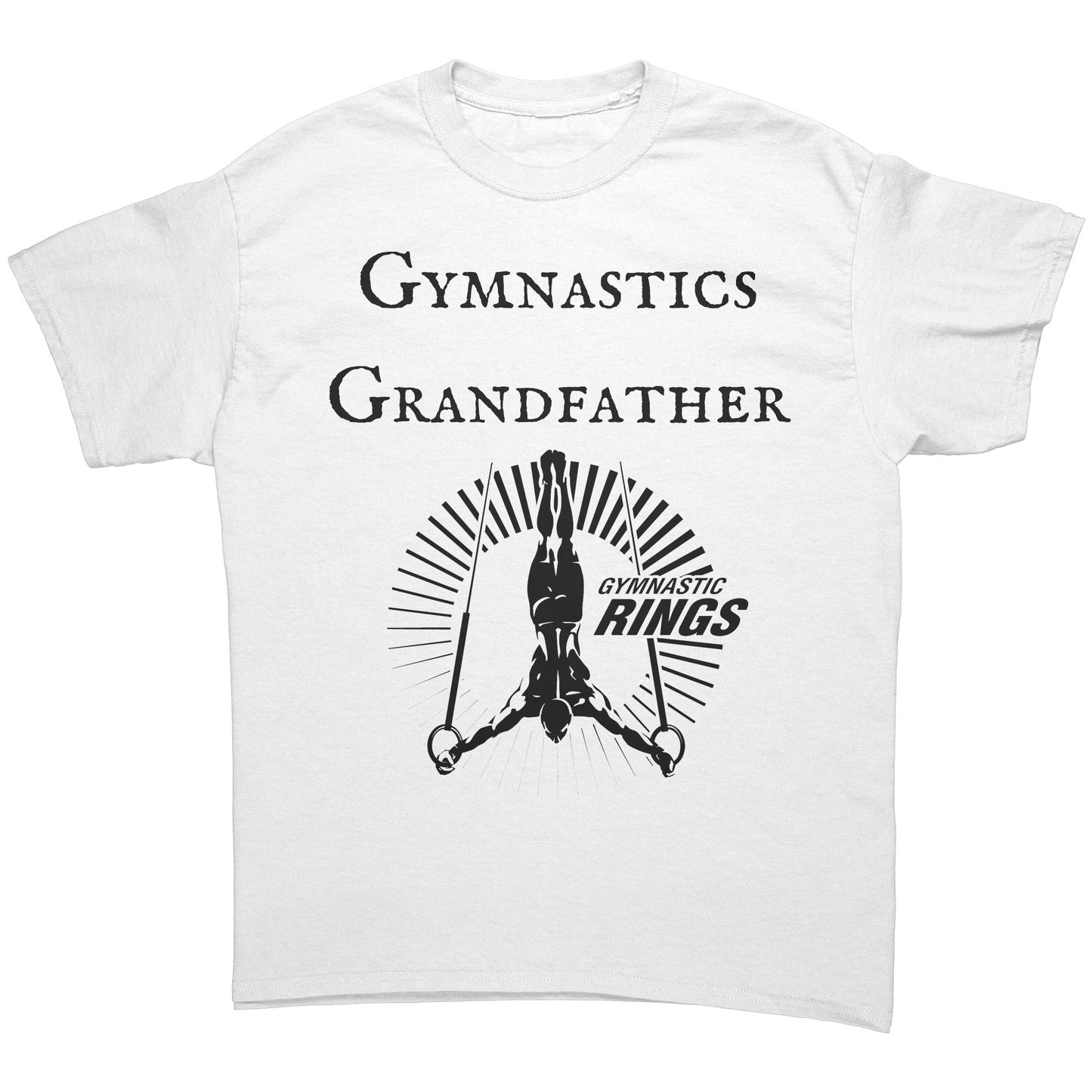 White Colored Gymnastics Grandfather T-Shirt Male Gymnast. This t-shirt features a bold "Gymnastics Grandfather" text on the front, accompanied by an inspiring image of a male gymnast on the rings.