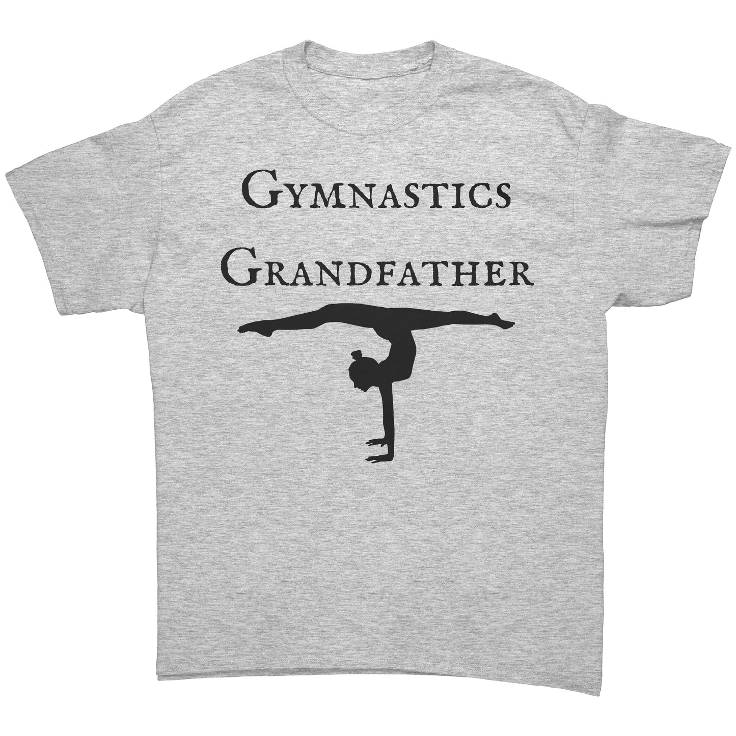 Ash Grey colored gymnastics Grandfather t-shirt that features a bold "Gymnastics Grandfather" text on the front, accompanied by an inspiring image of a female gymnast. 