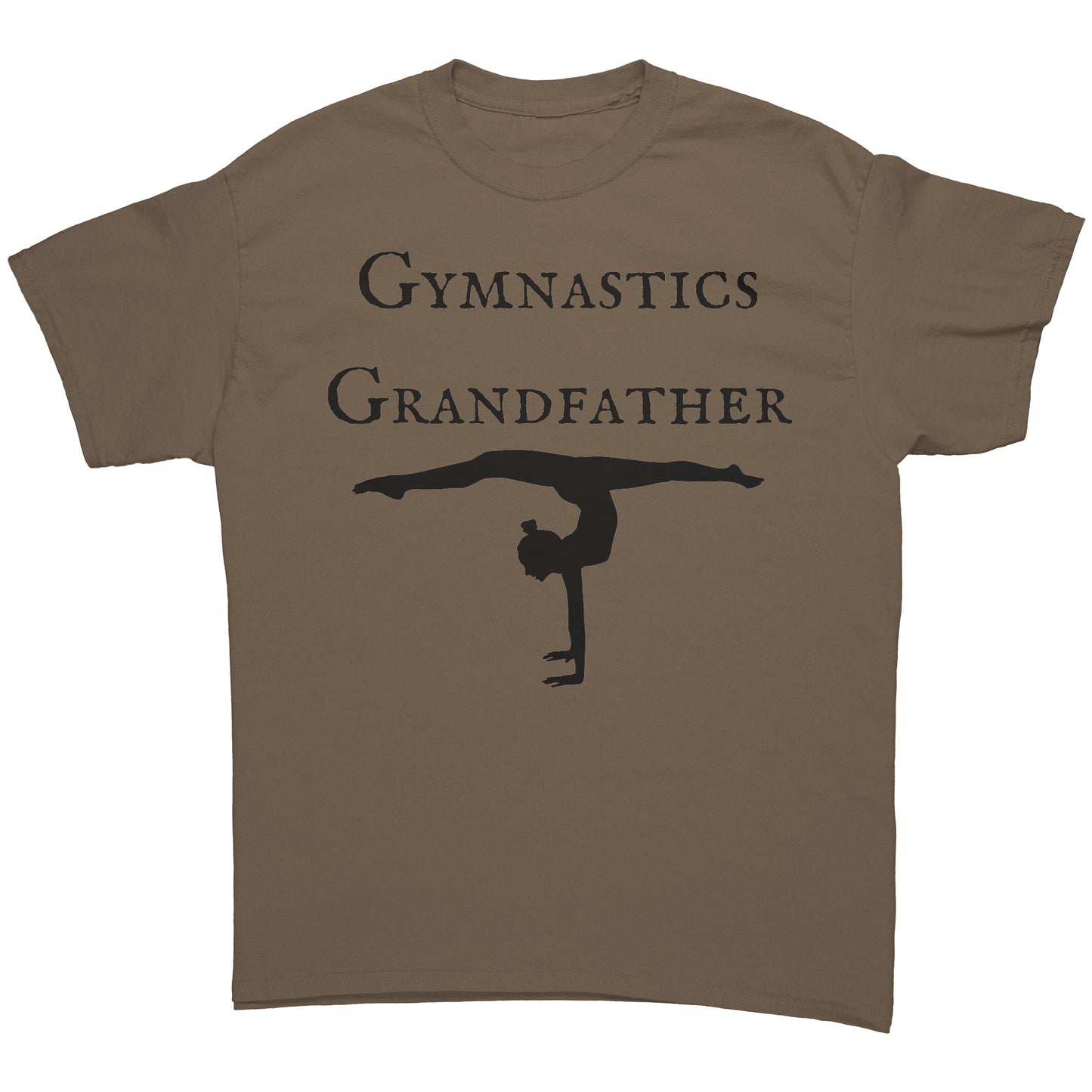 Savana Brown colored gymnastics Grandfather t-shirt that features a bold "Gymnastics Grandfather" text on the front, accompanied by an inspiring image of a female gymnast.