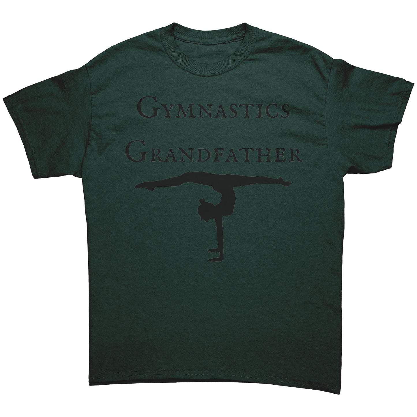 Dark Green colored gymnastics Grandfather t-shirt that features a bold "Gymnastics Grandfather" text on the front, accompanied by an inspiring image of a female gymnast.