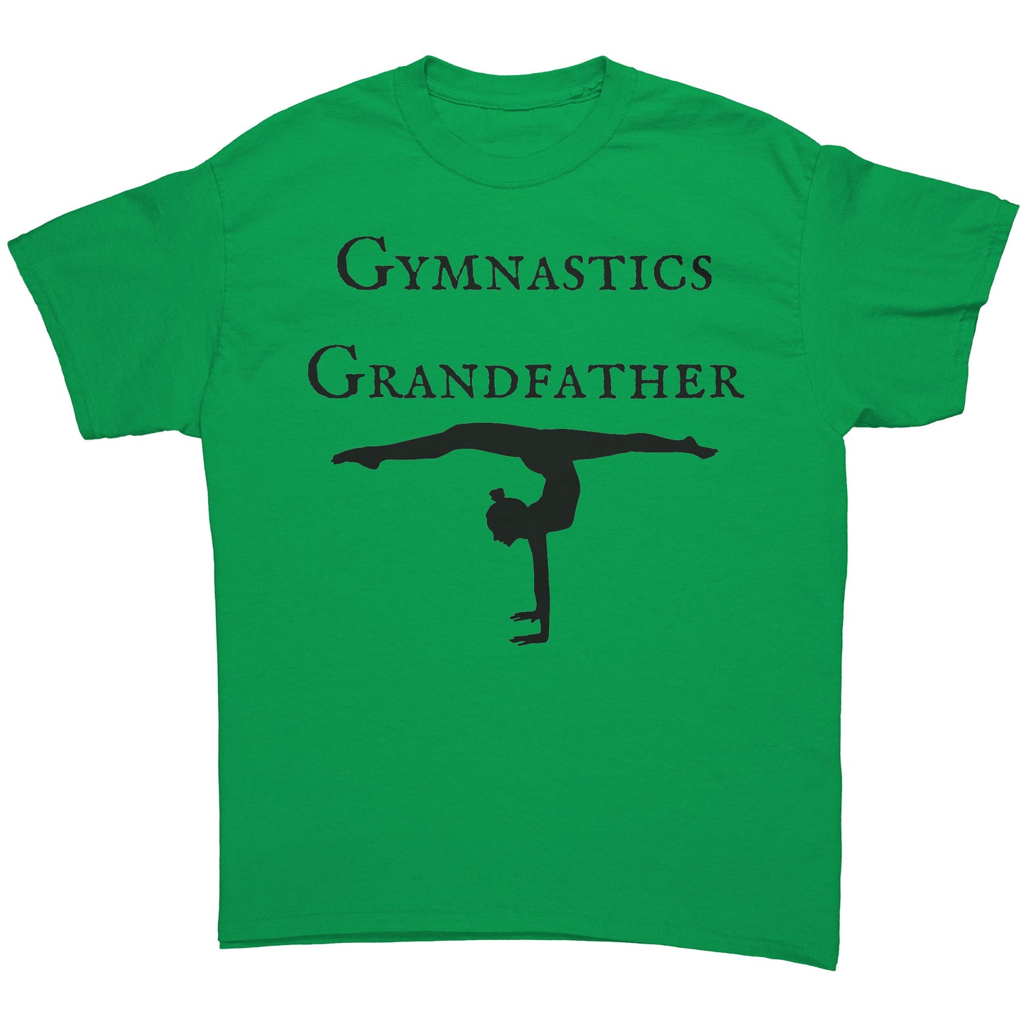 Irish Green colored gymnastics Grandfather t-shirt that features a bold "Gymnastics Grandfather" text on the front, accompanied by an inspiring image of a female gymnast. 