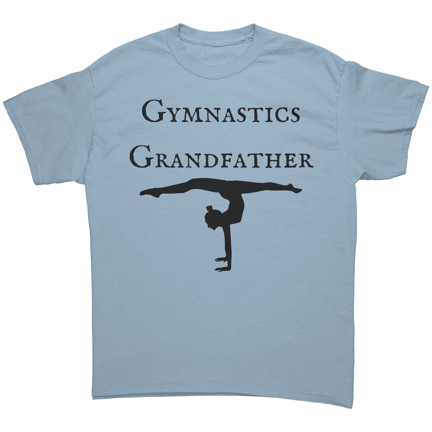 Light Blue colored gymnastics Grandfather t-shirt that features a bold "Gymnastics Grandfather" text on the front, accompanied by an inspiring image of a female gymnast.