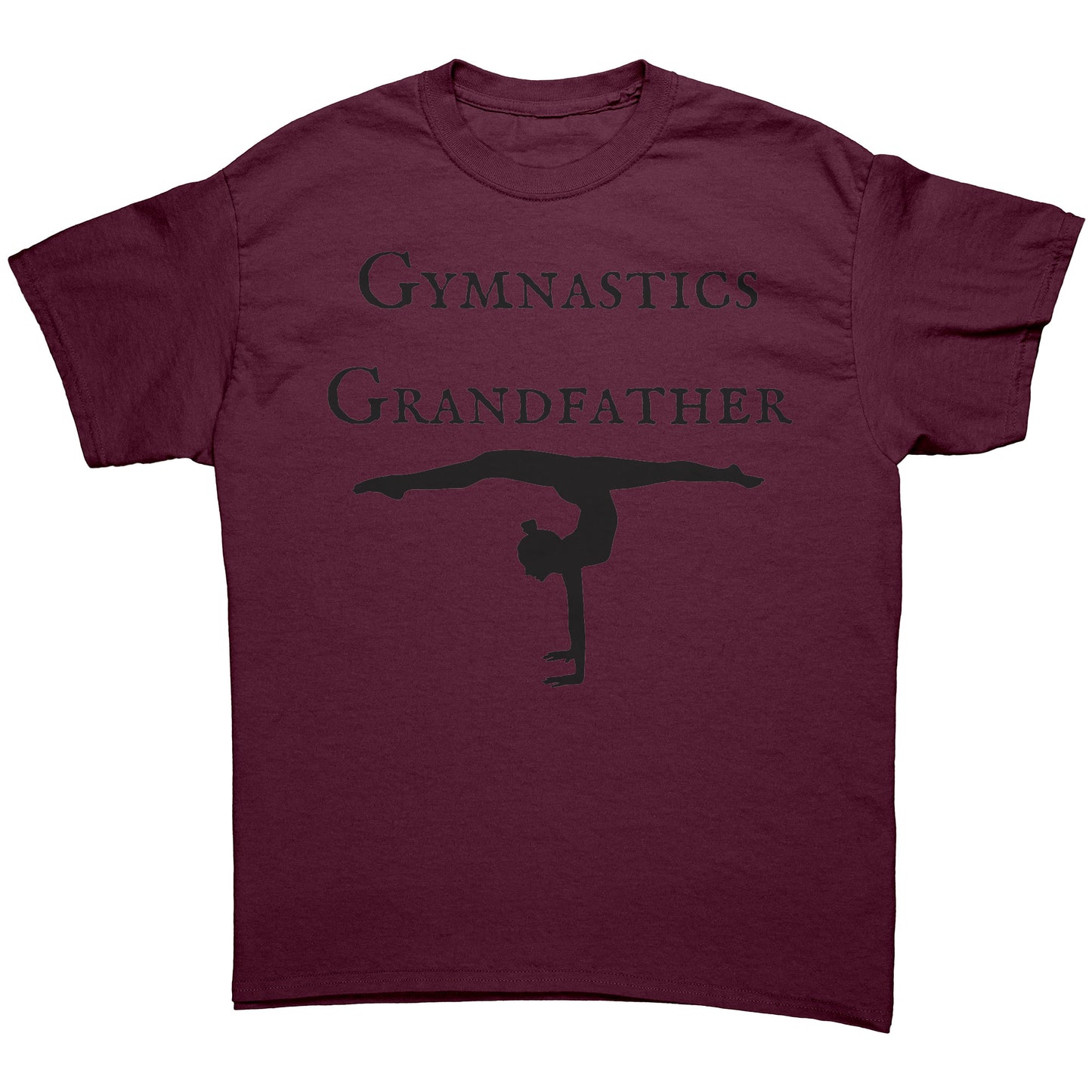 Maroon colored gymnastics Grandfather t-shirt that features a bold "Gymnastics Grandfather" text on the front, accompanied by an inspiring image of a female gymnast.