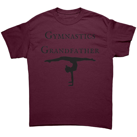 Maroon colored gymnastics Grandfather t-shirt that features a bold "Gymnastics Grandfather" text on the front, accompanied by an inspiring image of a female gymnast.