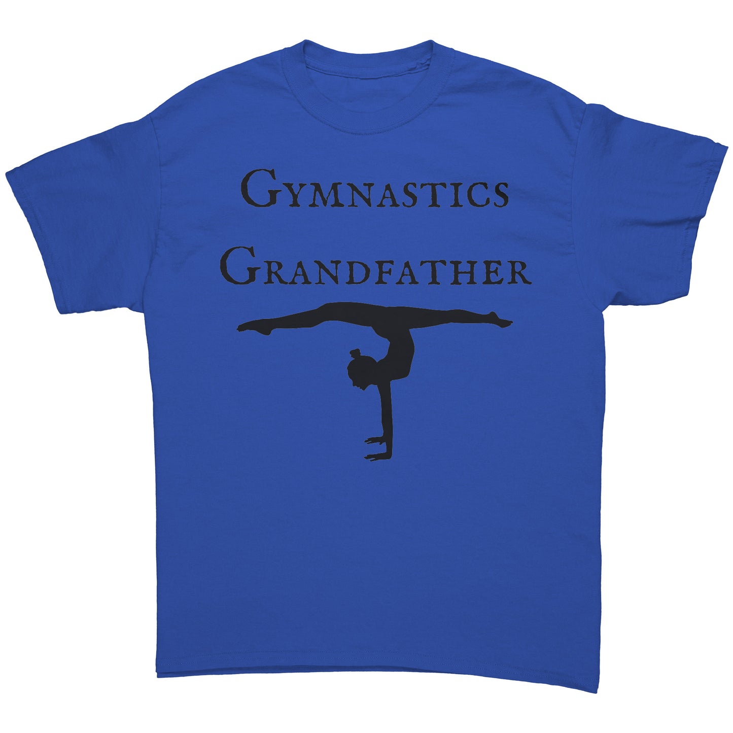 Royal colored gymnastics Grandfather t-shirt that features a bold "Gymnastics Grandfather" text on the front, accompanied by an inspiring image of a female gymnast.